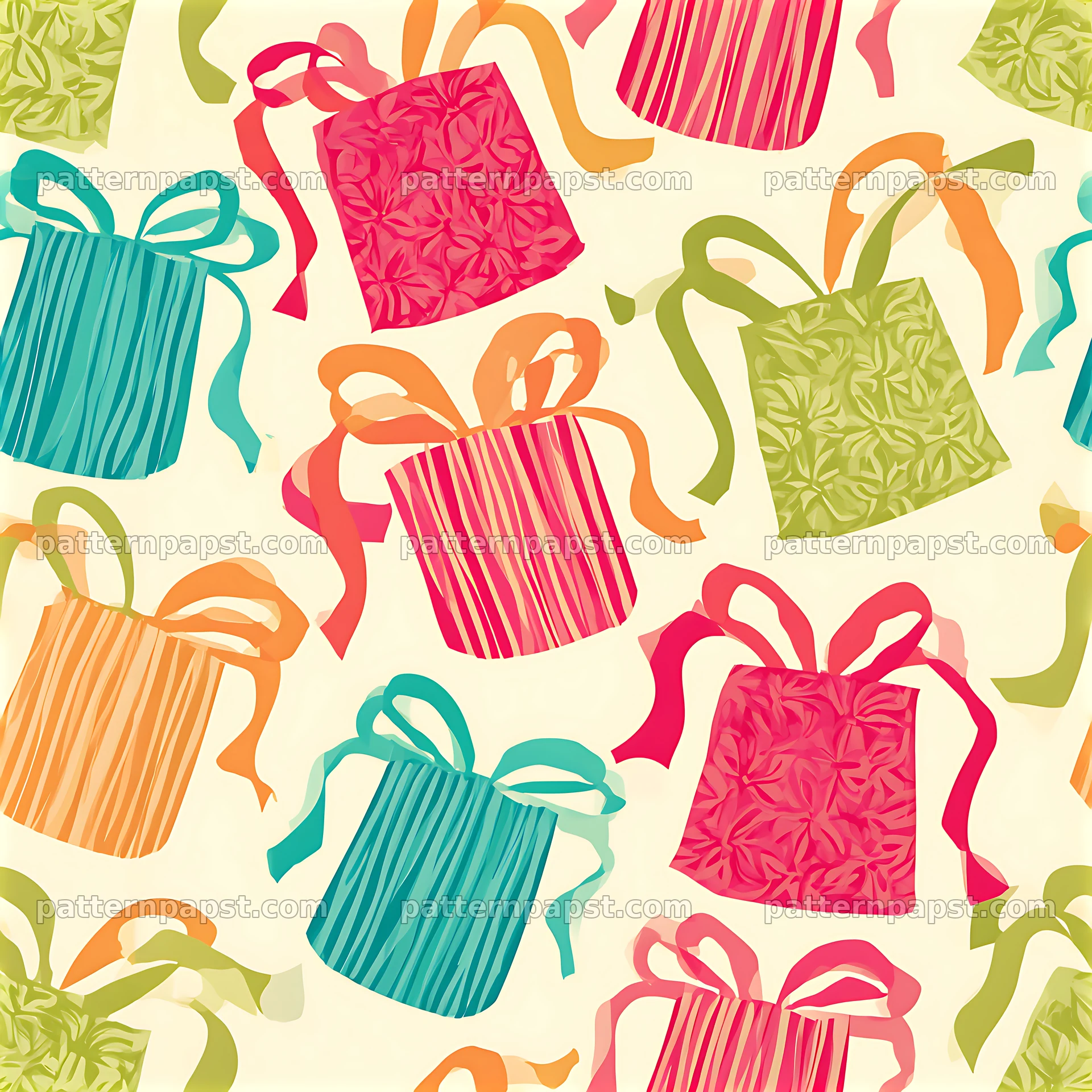 Seamless gift bags and ribbons pattern with colorful motifs on light background — seamless tileable pattern