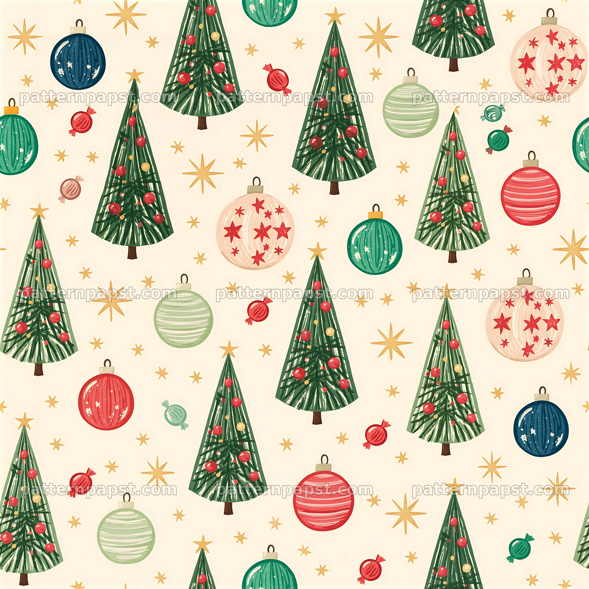 Seamless retro Christmas pattern with trees and ornaments in various colors — seamless tileable pattern