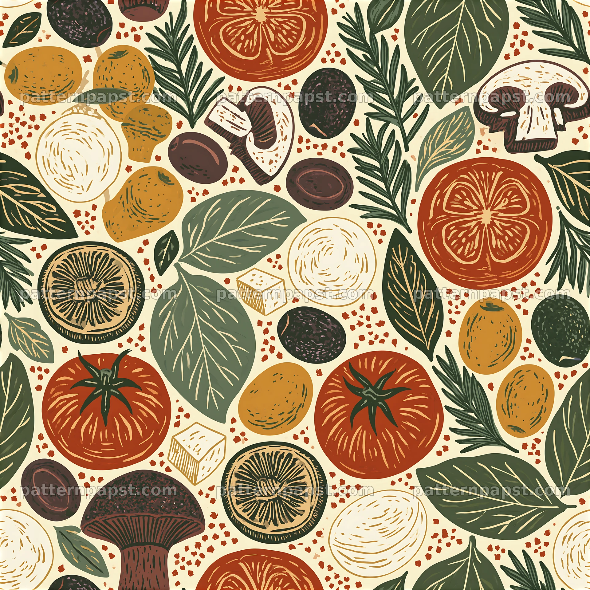 seamless pizza ingredient pattern with vegetables and cheese — seamless tileable pattern