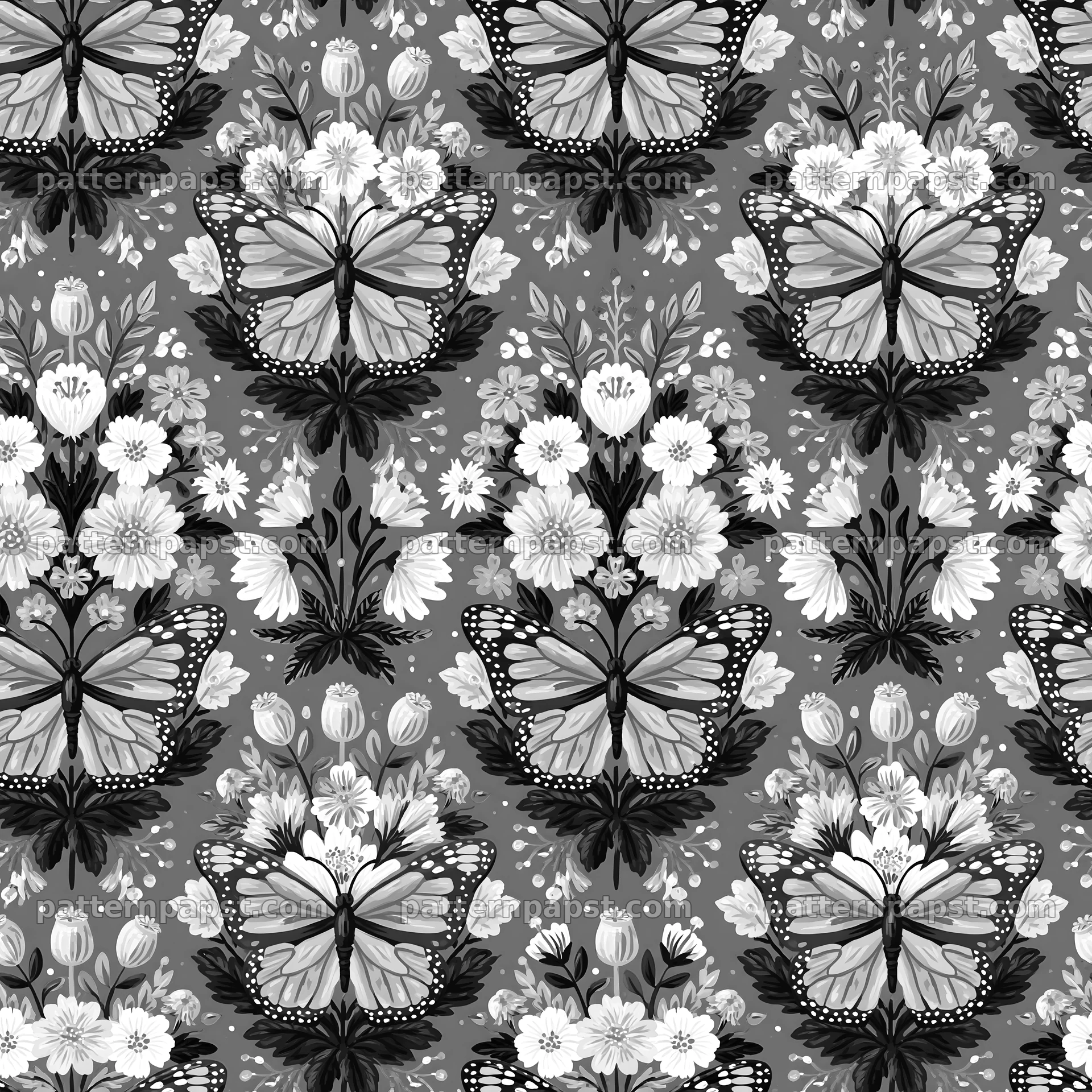 Fairy garden butterfly seamless pattern in black and white — seamless tileable pattern