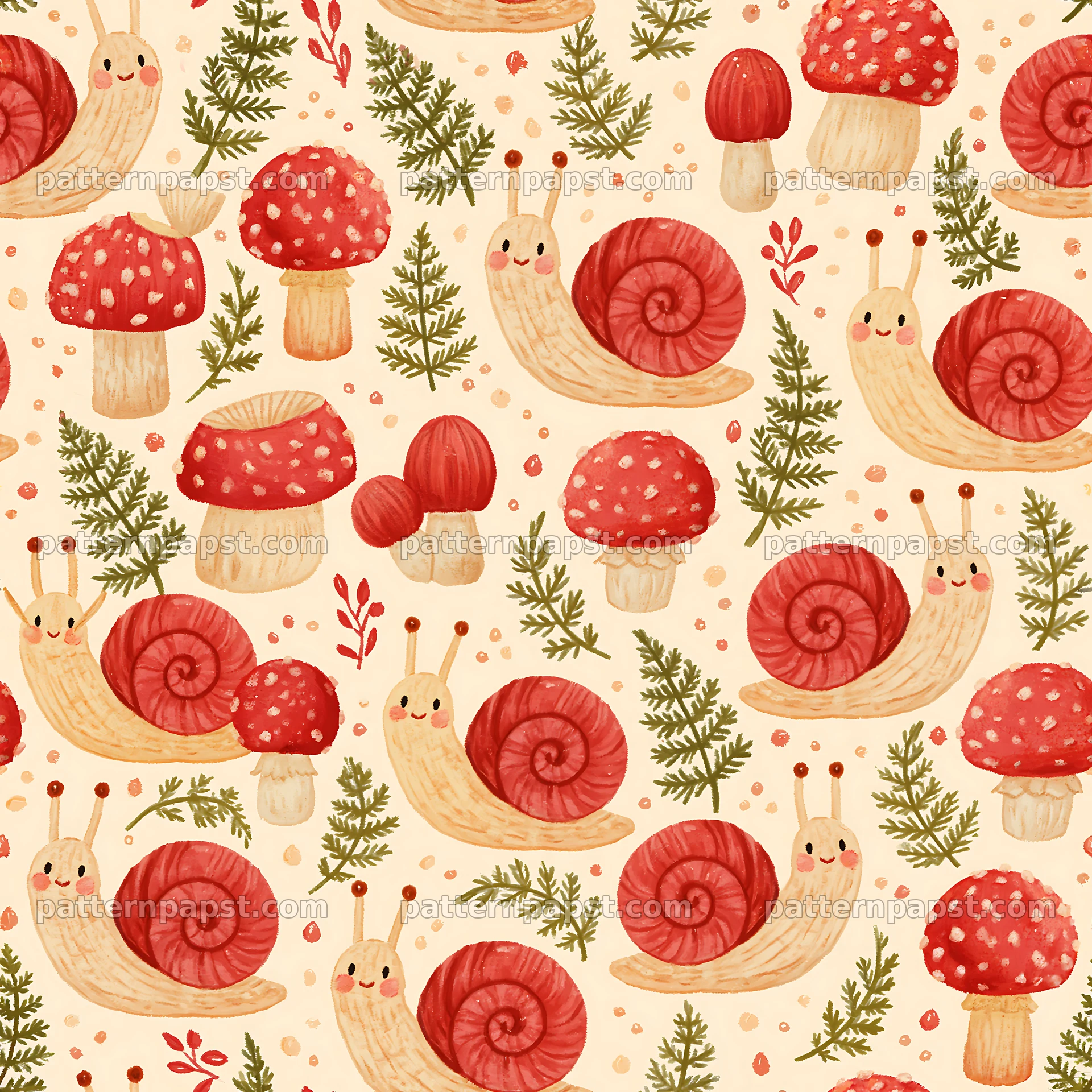 Seamless pattern featuring cute snails and mushrooms — seamless tileable pattern
