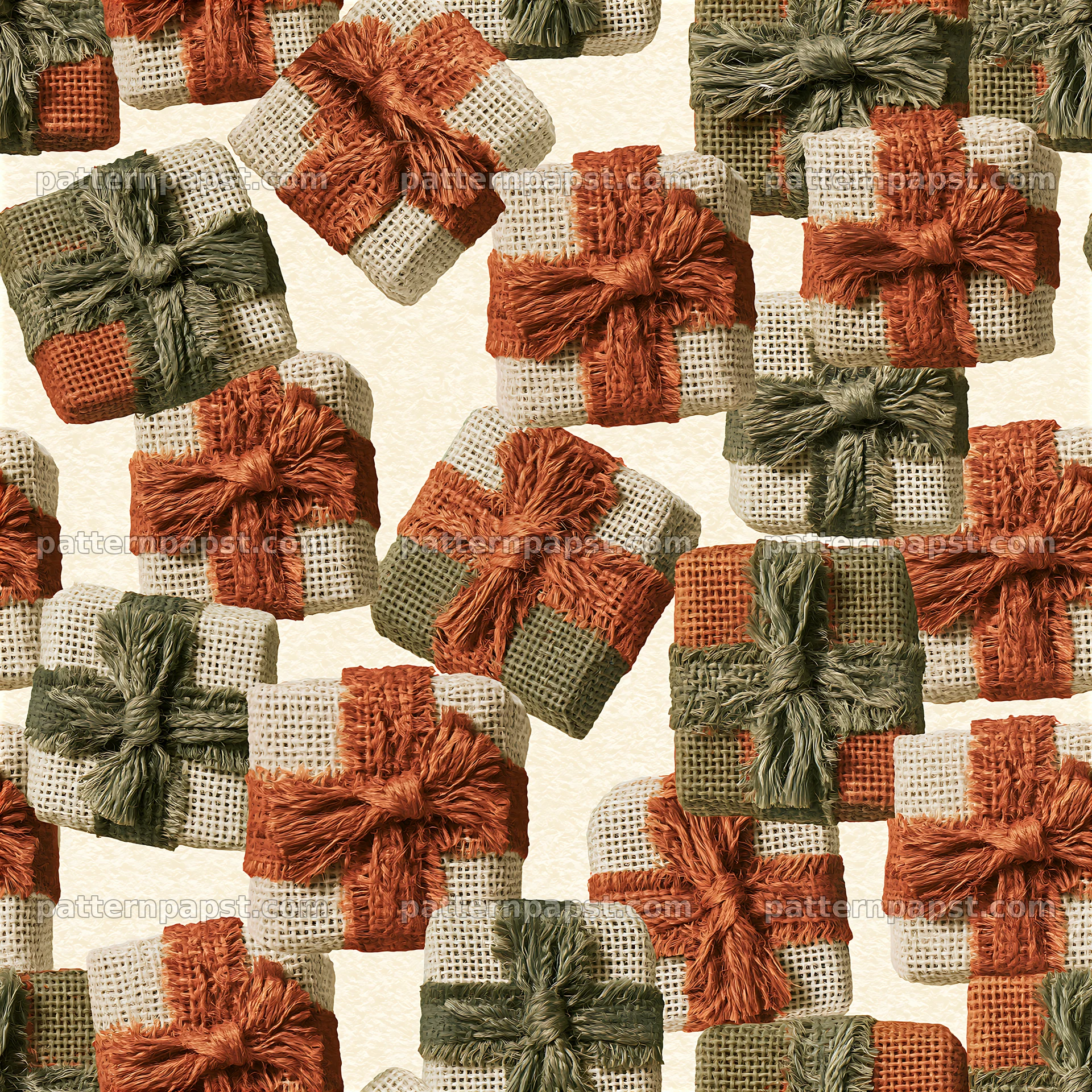 Seamless texture of rustic wrapped packages with natural ribbons — seamless tileable pattern