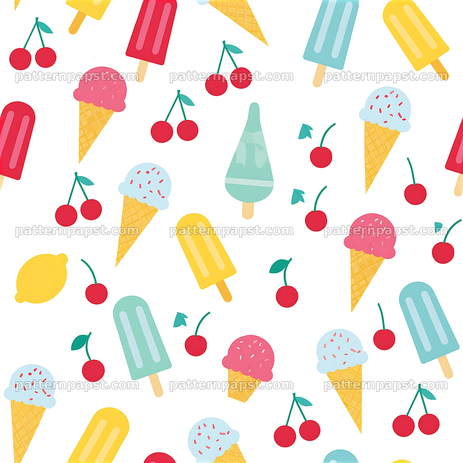 Colorful kitchen seamless pattern featuring ice cream and cherries — seamless tileable pattern