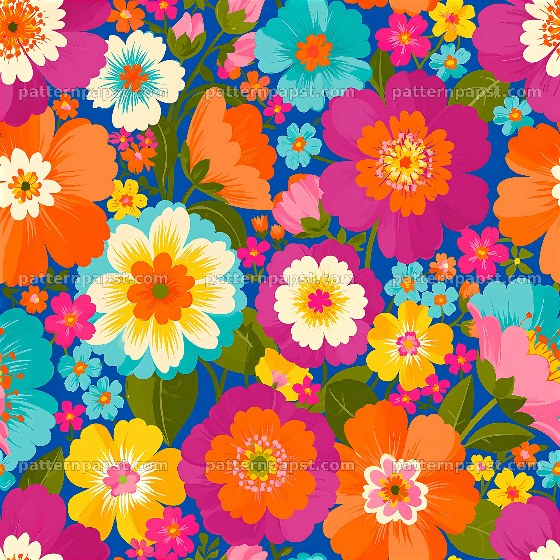 Retro flower seamless pattern with bright colors and large blooms — seamless tileable pattern