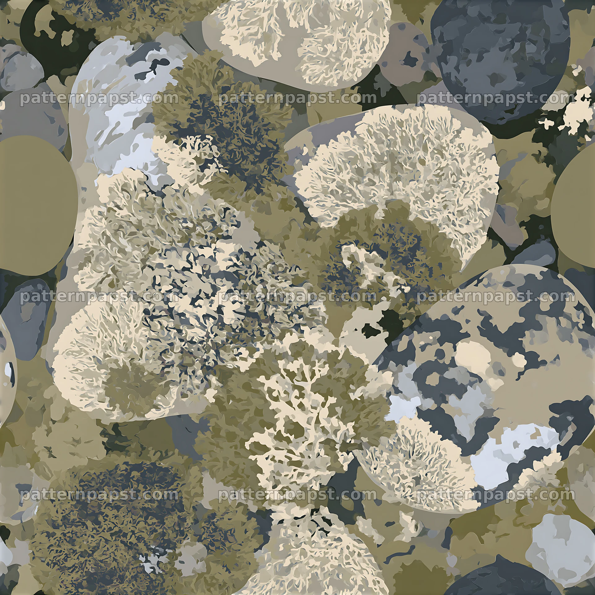 Seamless camouflage pattern with lichen and stone textures in earthy tones — seamless tileable pattern
