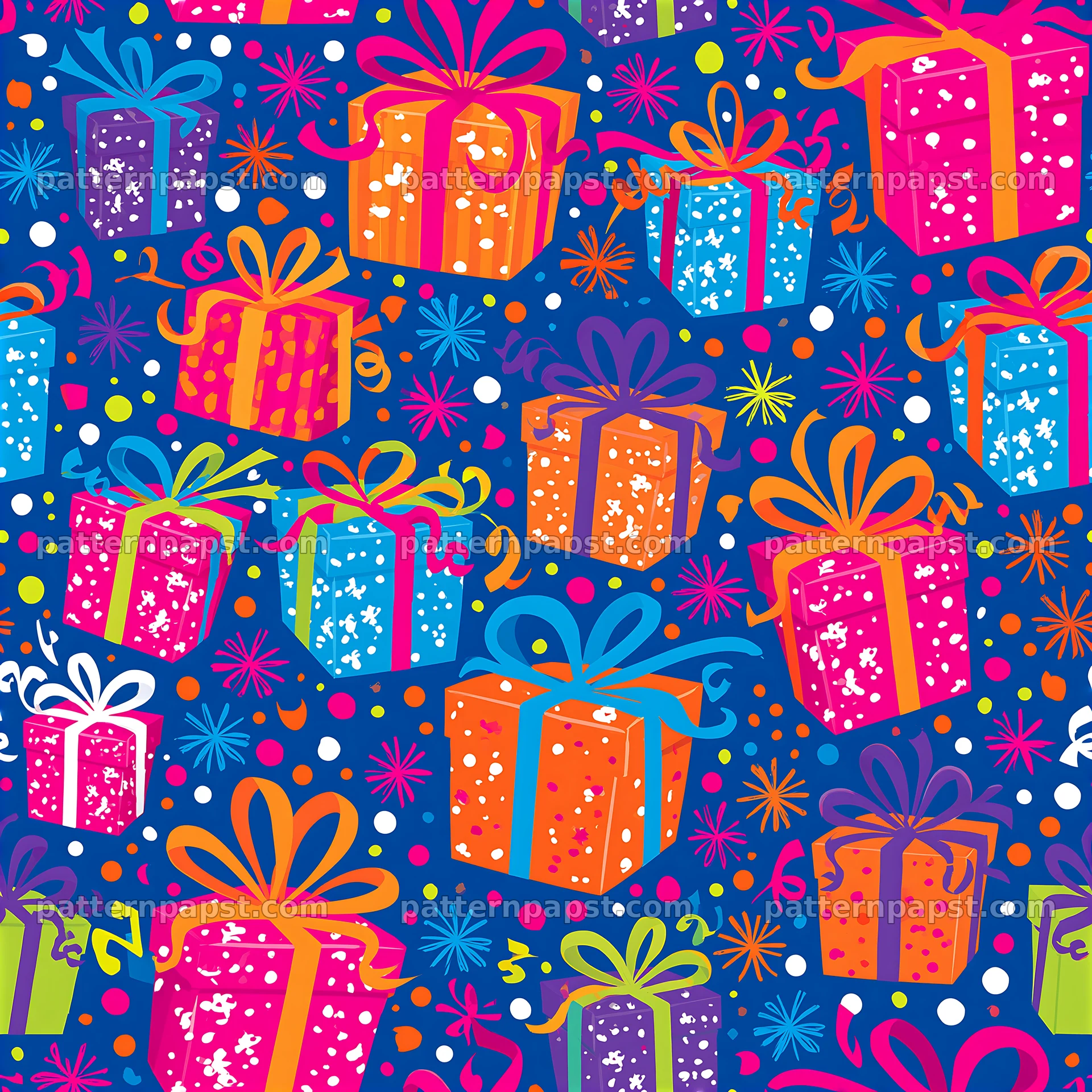 Repeating pattern with cheerful gift boxes on a vibrant blue background — seamless tileable pattern
