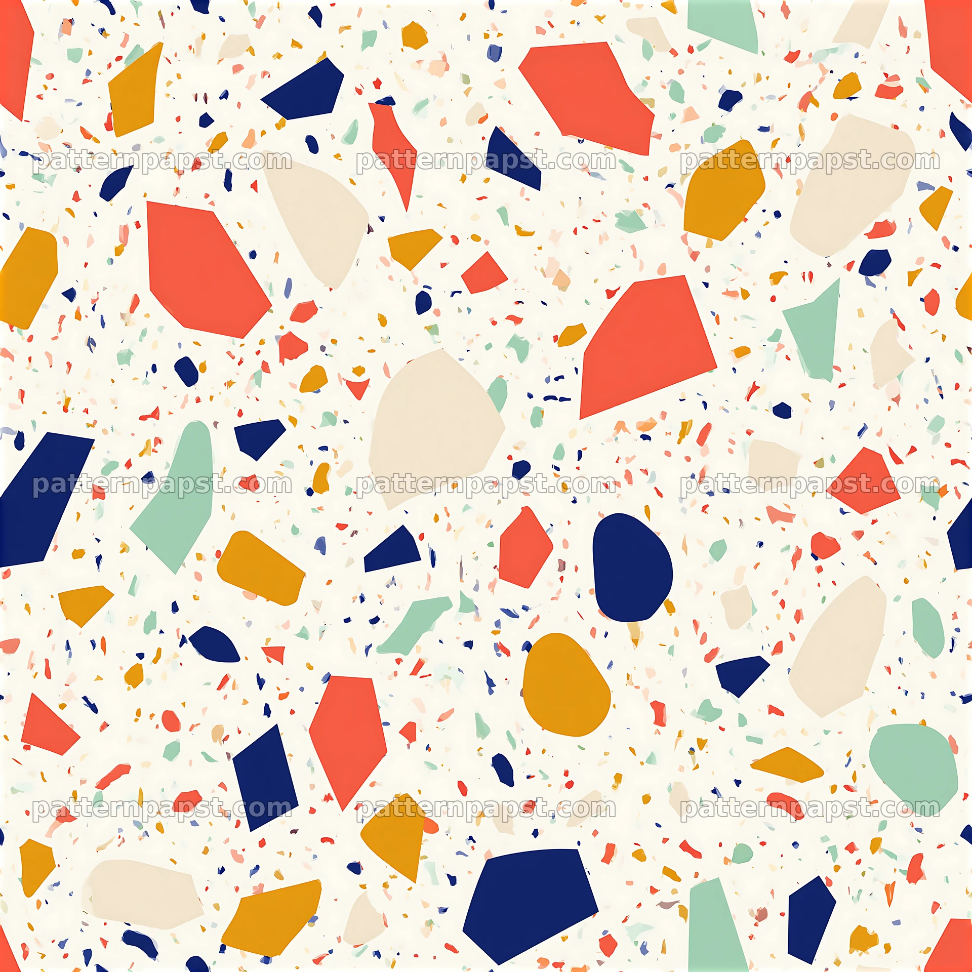 Colorful terrazzo seamless pattern with blue, red, green, and yellow shapes — seamless tileable pattern