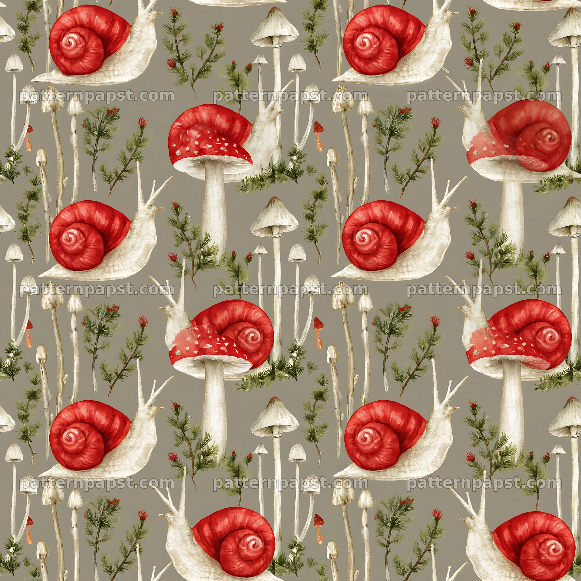 Red snail with mushrooms seamless pattern — seamless tileable pattern