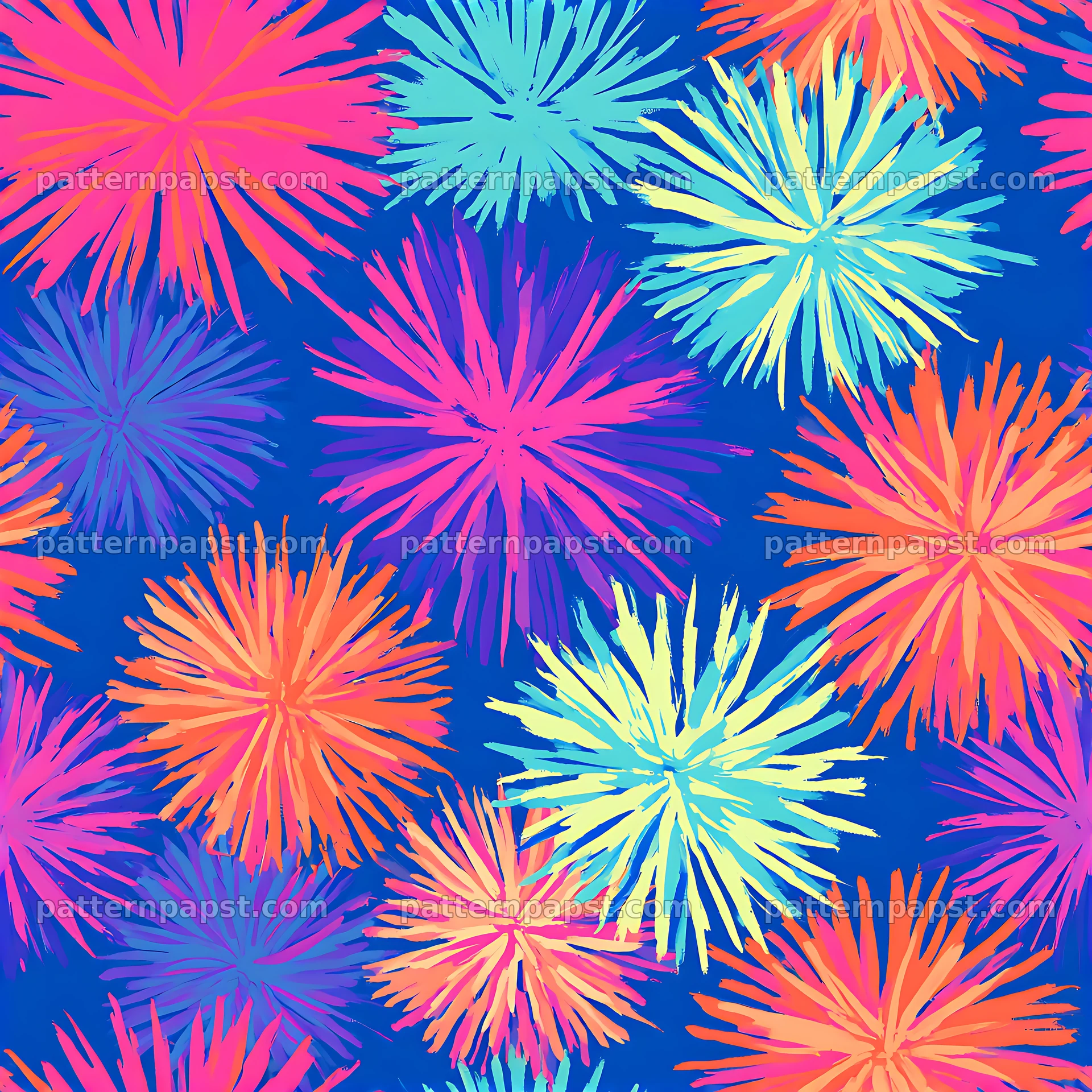 Colorful starbursts seamless pattern on a bright blue background — seamless tileable pattern