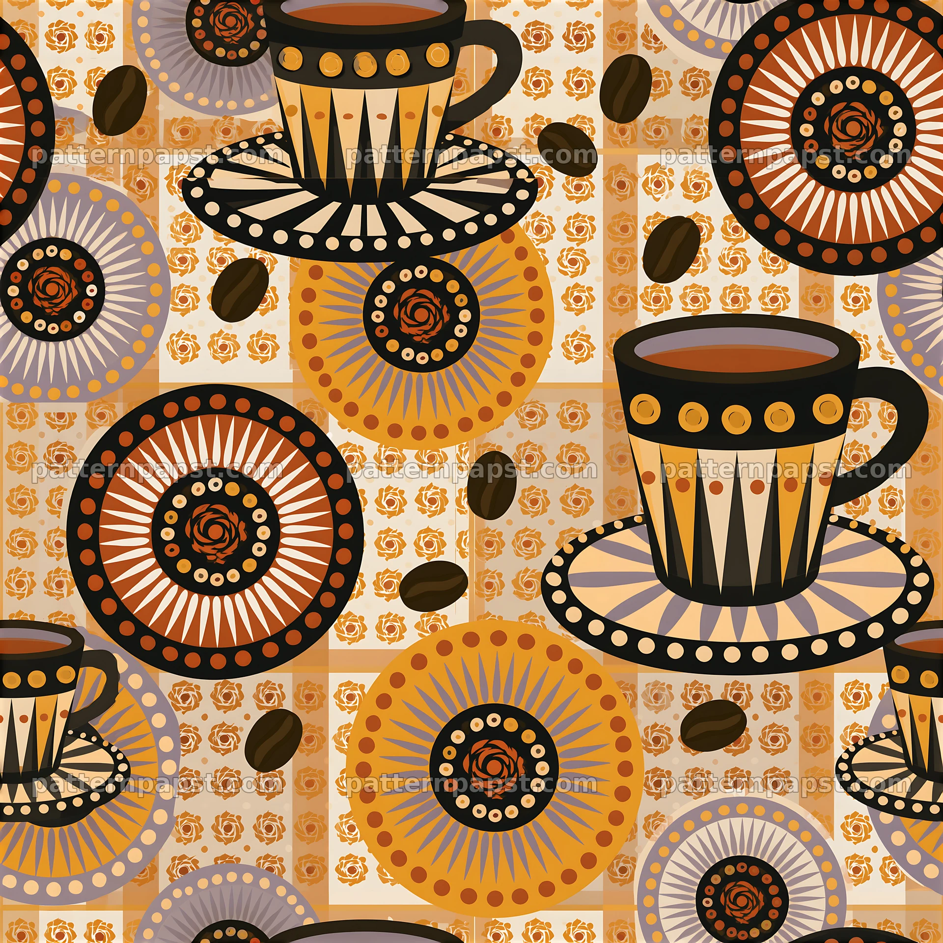 Seamless coffee boho pattern with cups and colorful circles — seamless tileable pattern