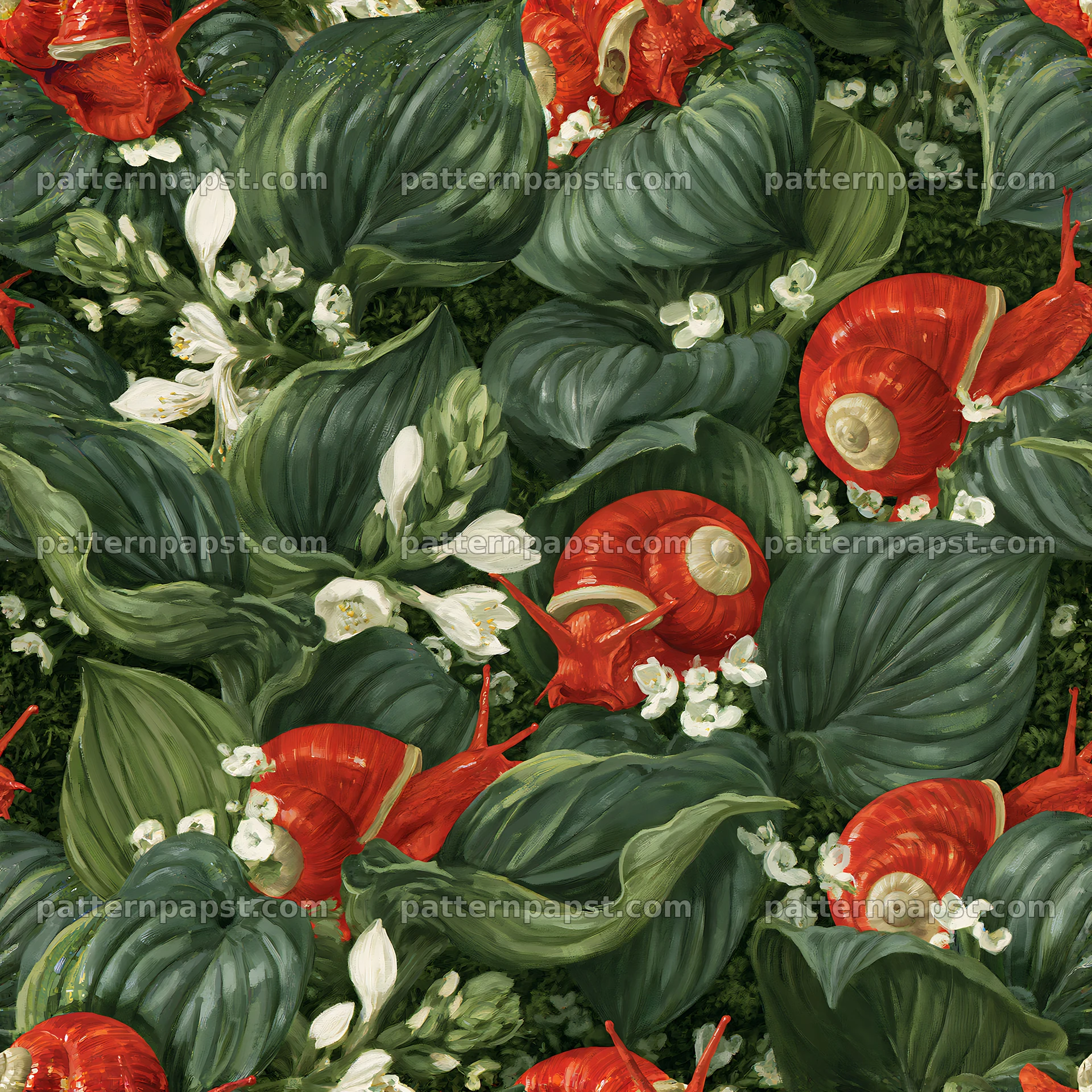 Red garden snail repeat pattern for fabric and wallpaper — seamless tileable pattern