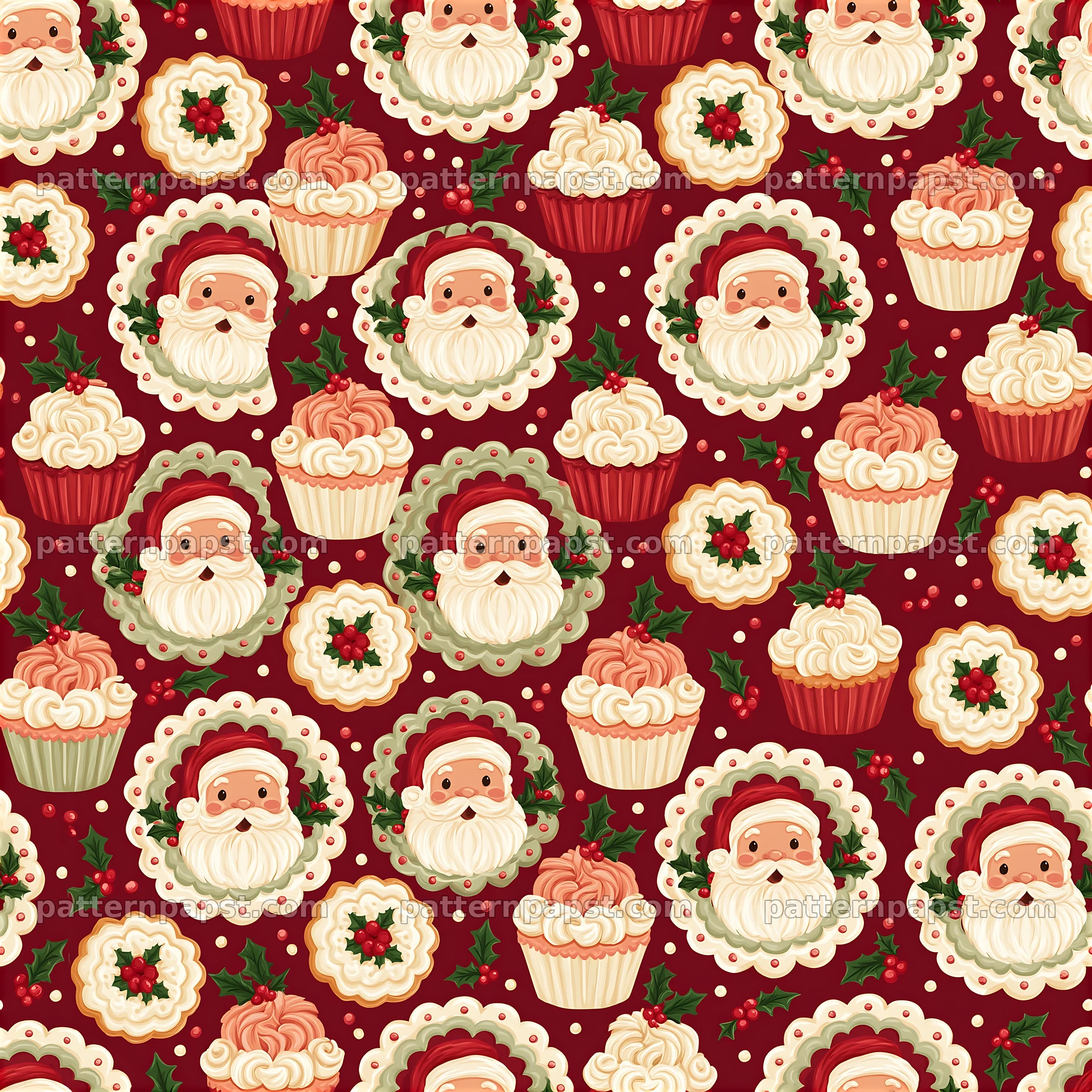 Santa Claus repeat pattern with festive cupcakes and cookies — seamless tileable pattern