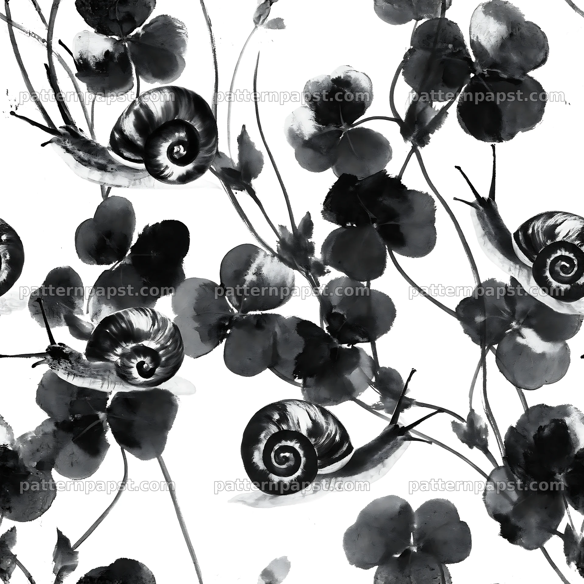 Seamless pattern of snails and clover leaves in black and white — seamless tileable pattern