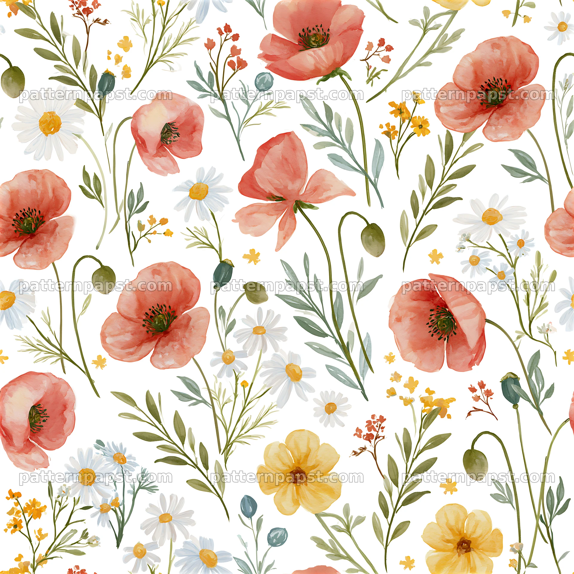 Vintage floral repeat pattern with poppies and daisies in soft colors — seamless tileable pattern