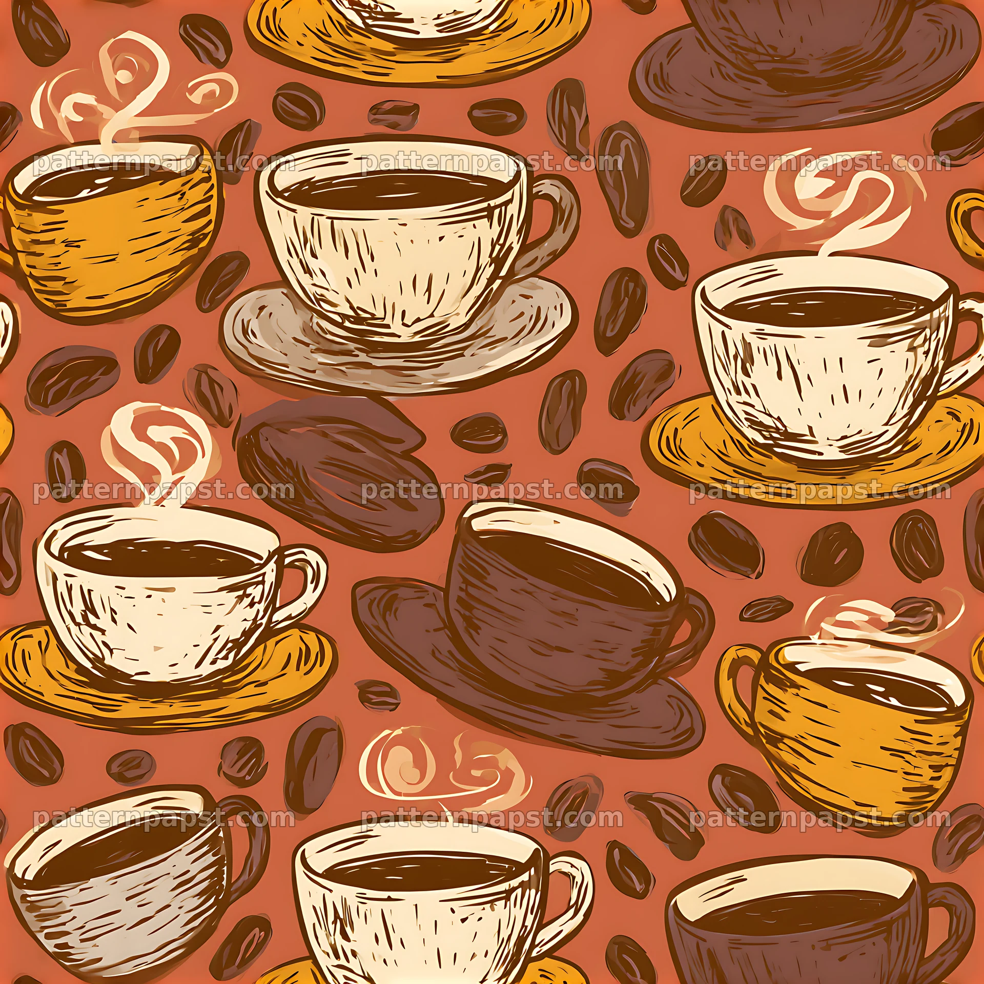 Seamless coffee hand-drawn pattern with cups and beans — seamless tileable pattern