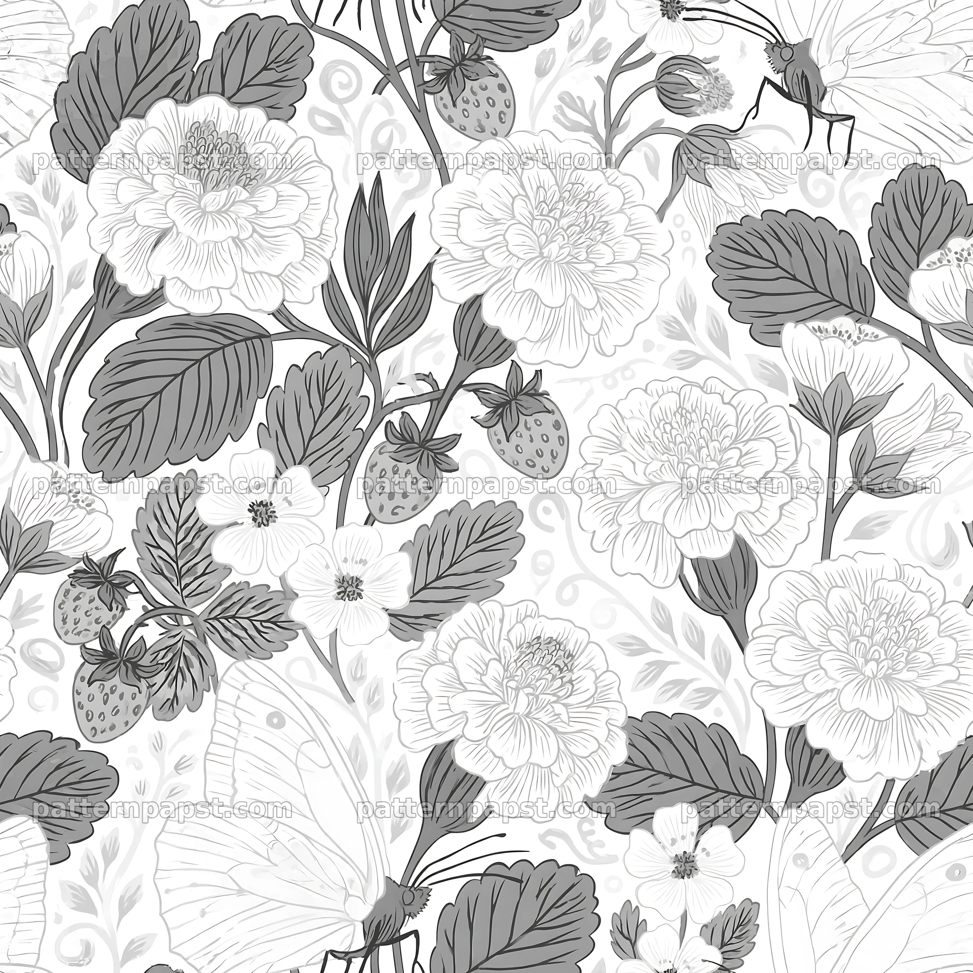 Fairy garden butterfly seamless pattern with flowers and strawberries — seamless tileable pattern