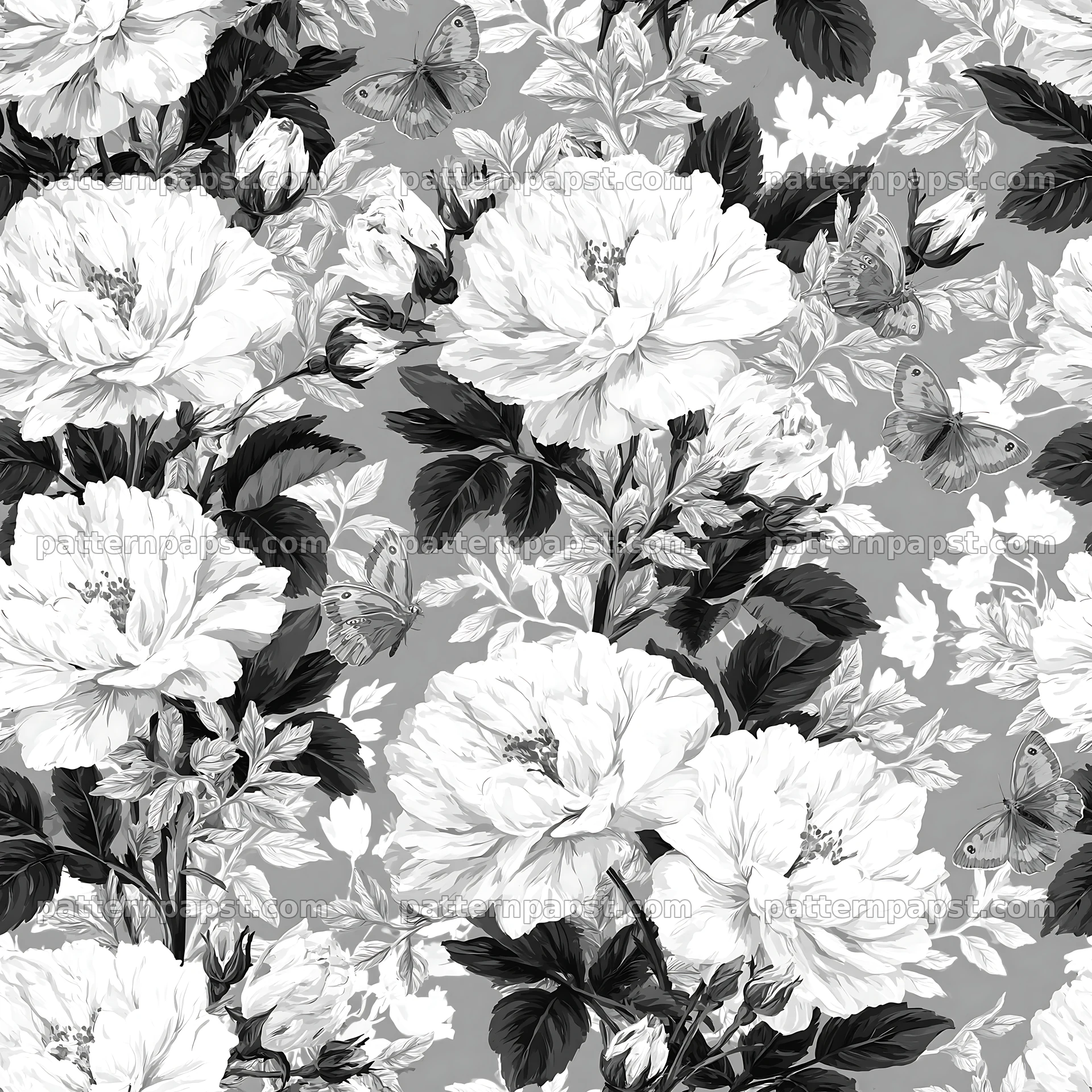 Butterfly and rose seamless pattern in black and white — seamless tileable pattern