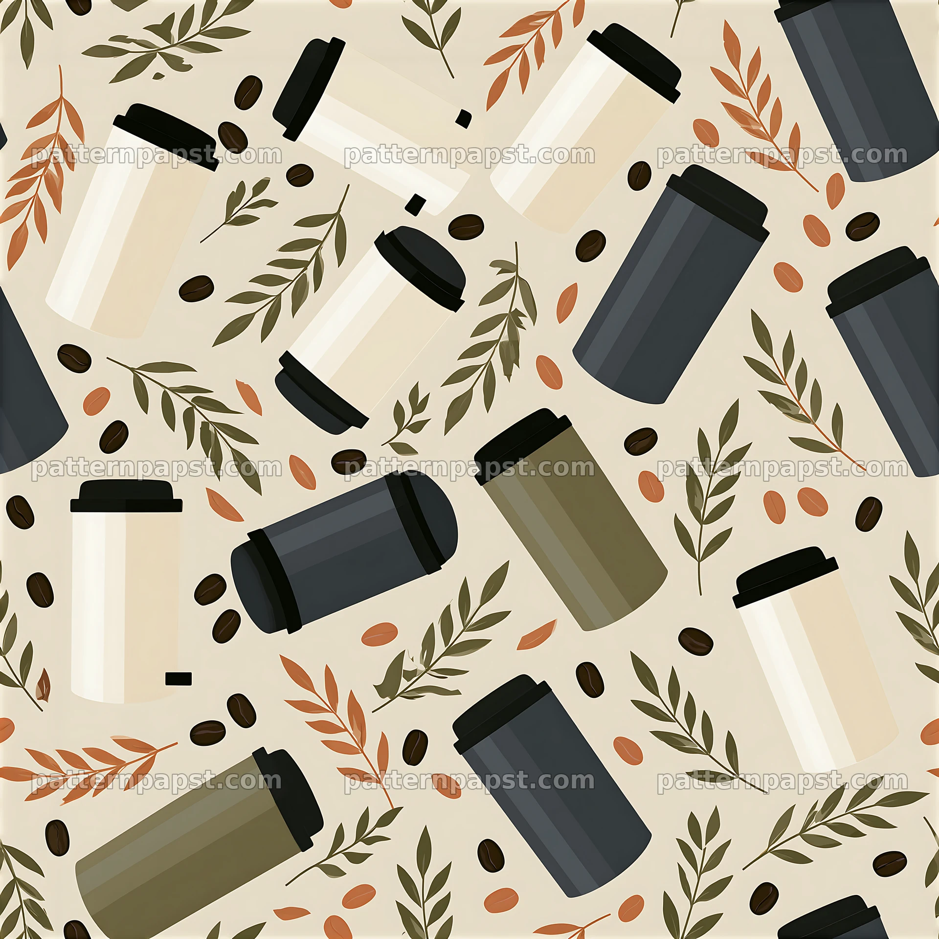 Seamless coffee travel mug pattern with leaves and coffee beans — seamless tileable pattern