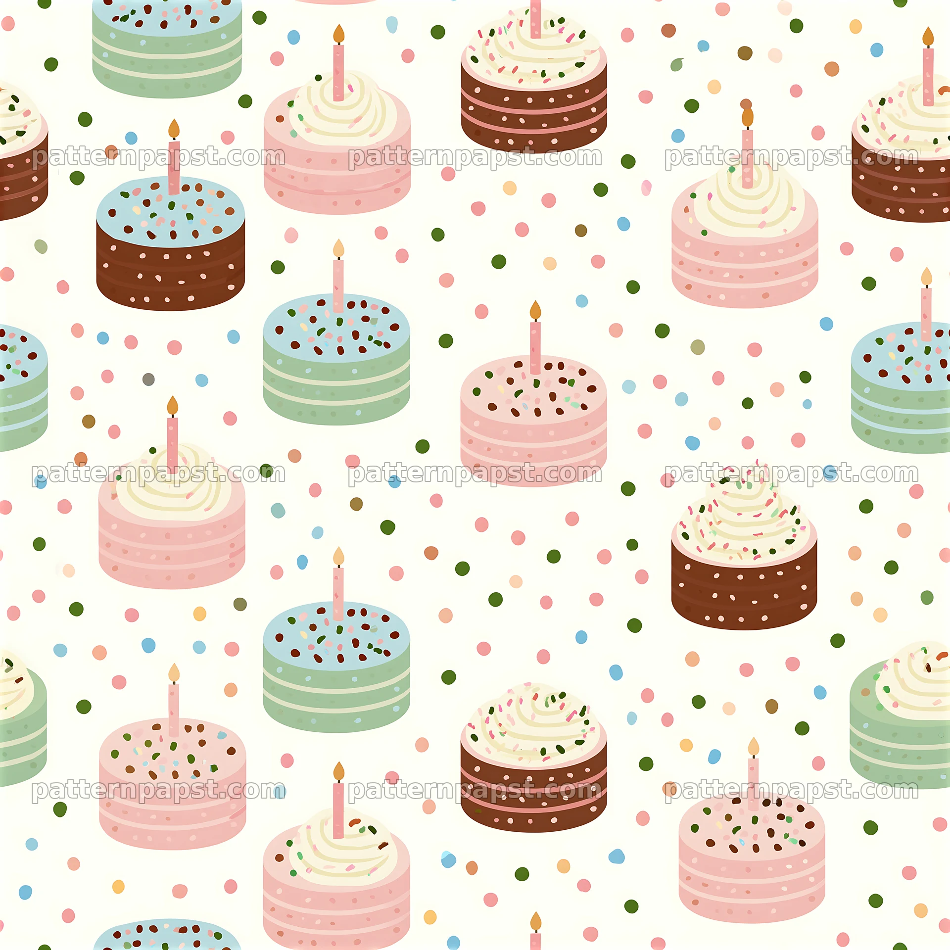 Birthday card tileable pattern with colorful cakes and candles — seamless tileable pattern