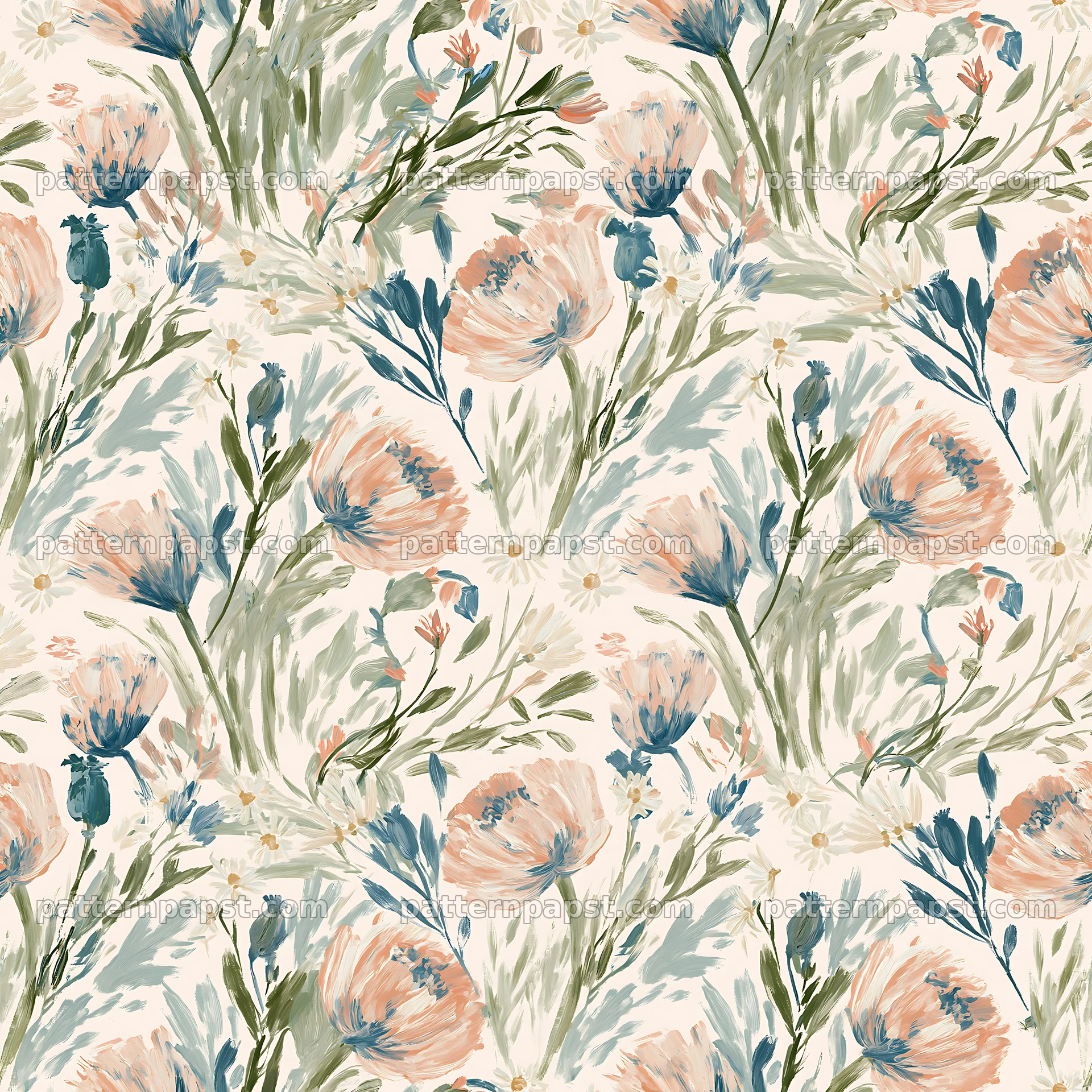 Repeat wildflower brushstroke pattern for fabric and wallpaper — seamless tileable pattern