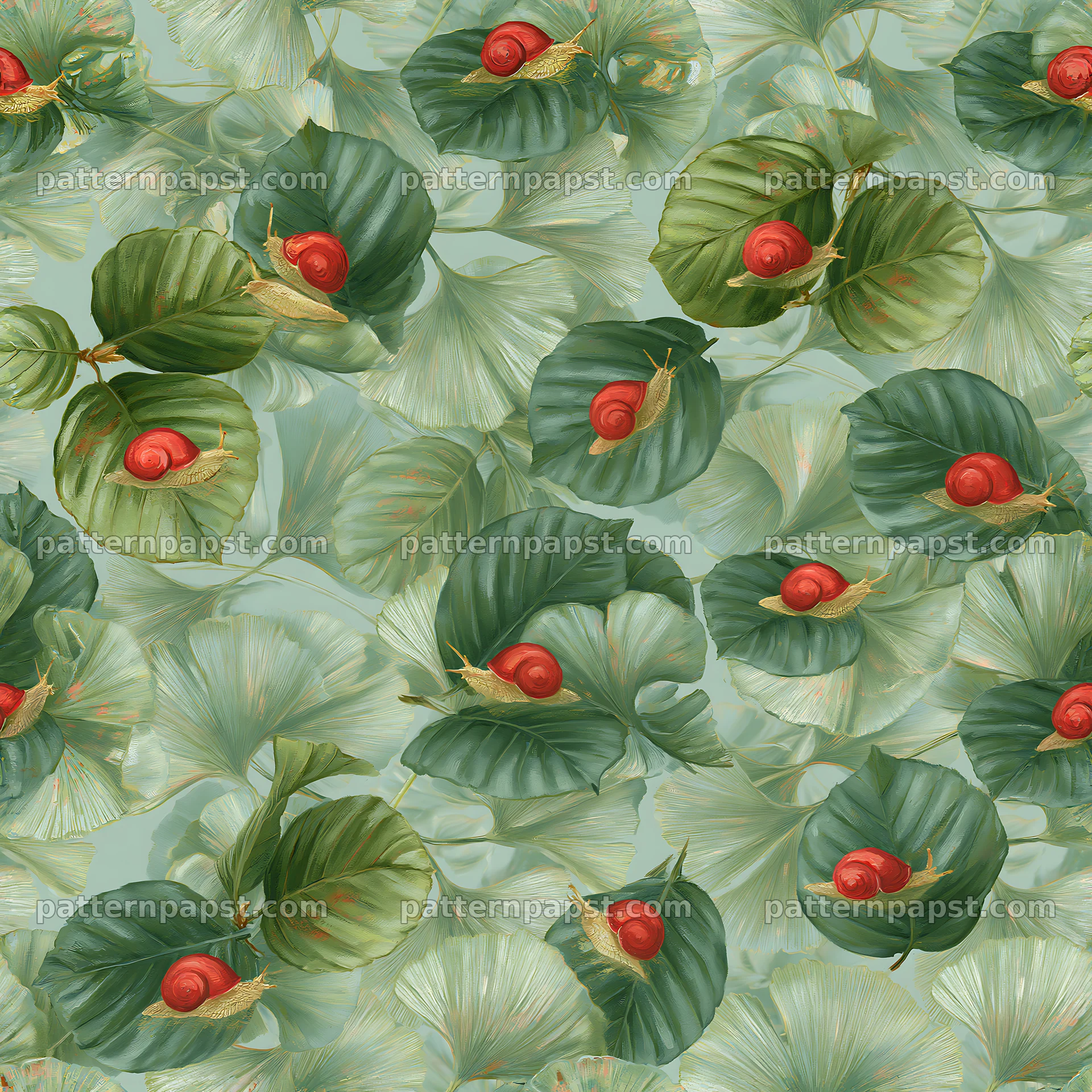 Red snail on leaves seamless pattern for textiles and wallpapers — seamless tileable pattern