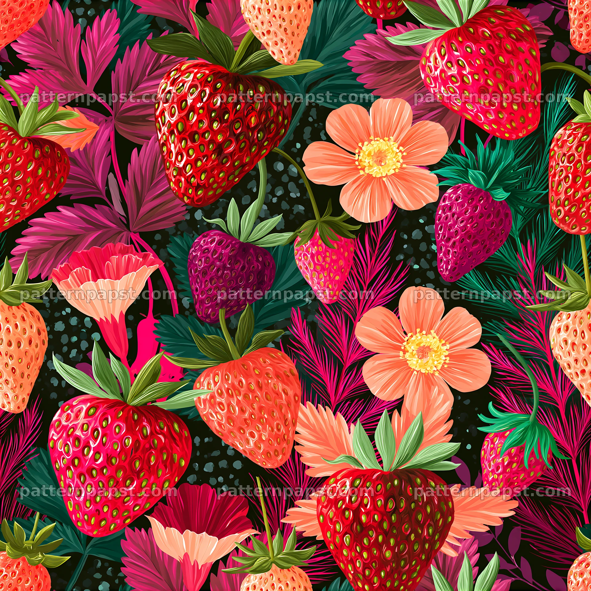 Colorful strawberries seamless pattern on dark background — seamless tileable pattern