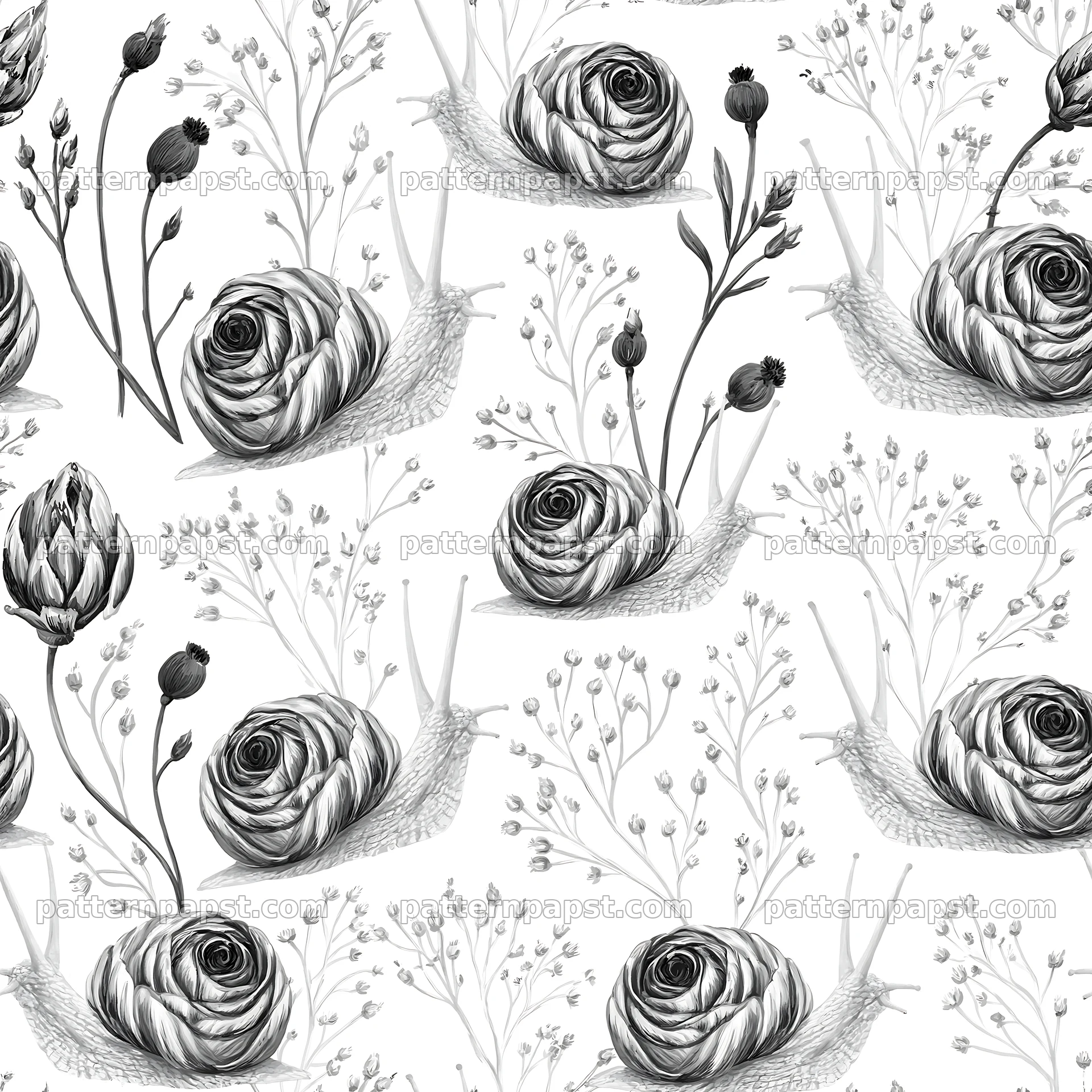 Seamless snail pattern for nursery fabric in black and white — seamless tileable pattern