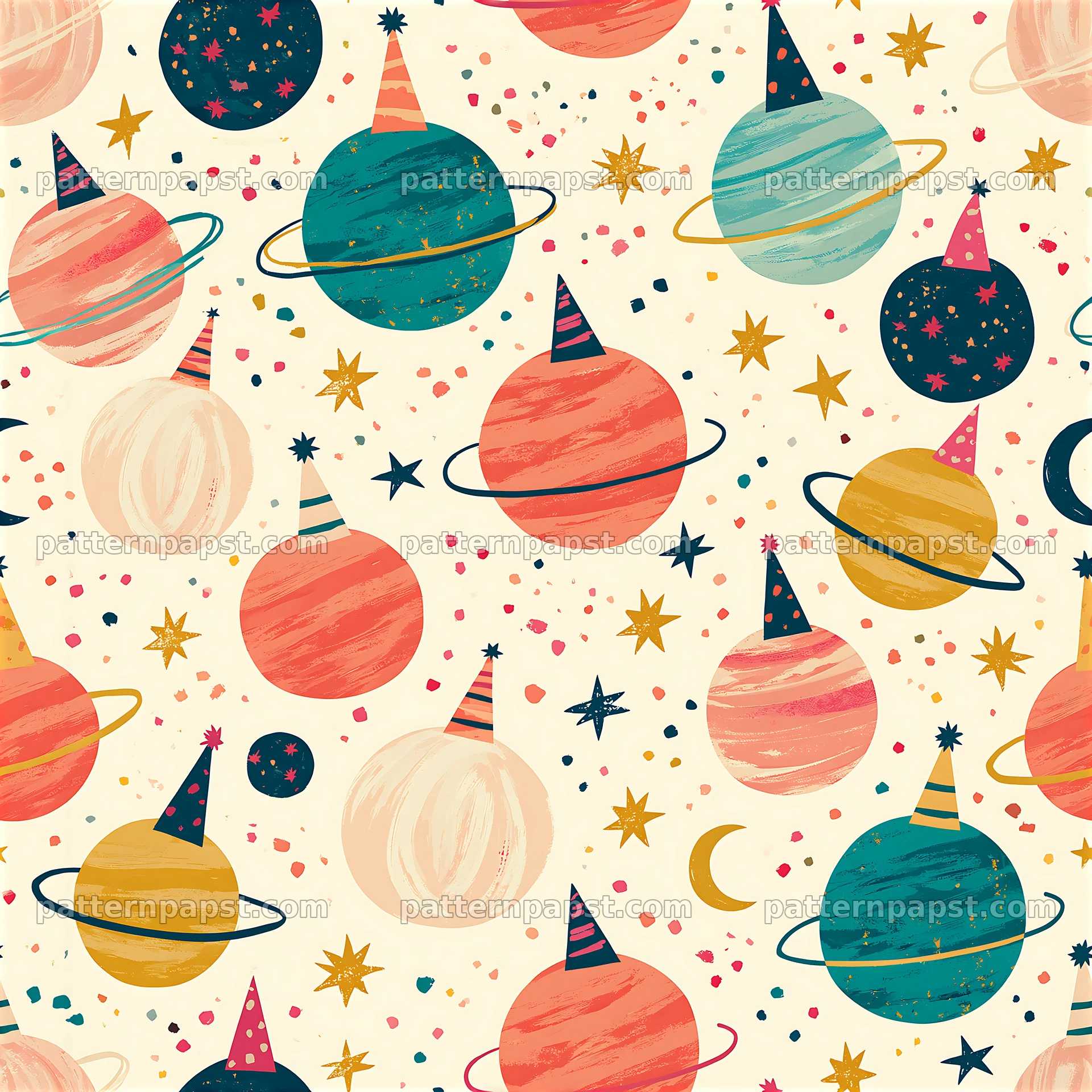 Birthday planets seamless pattern with colorful planets and stars — seamless tileable pattern