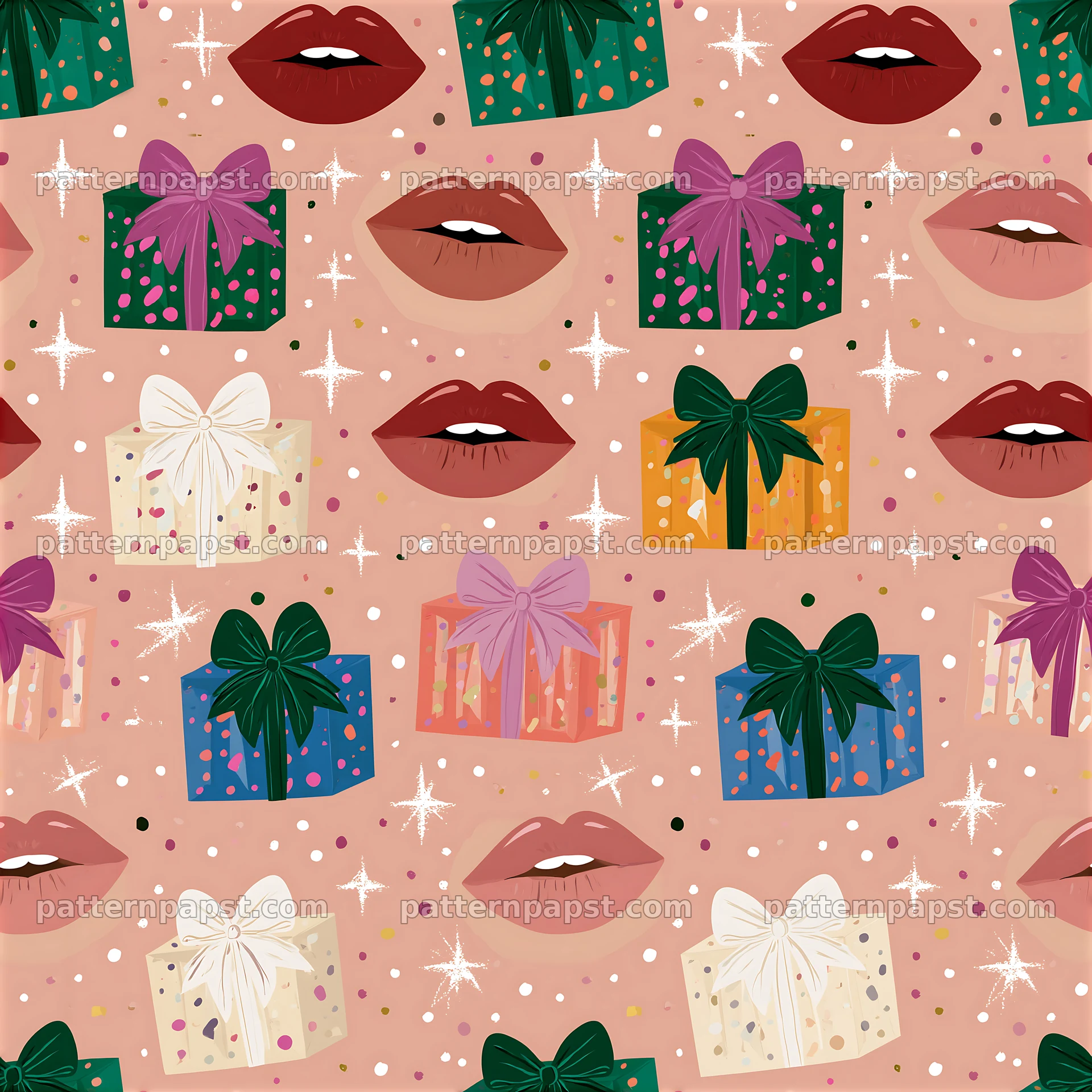 Repeat pattern of kissing lips and colorful presents — seamless tileable pattern