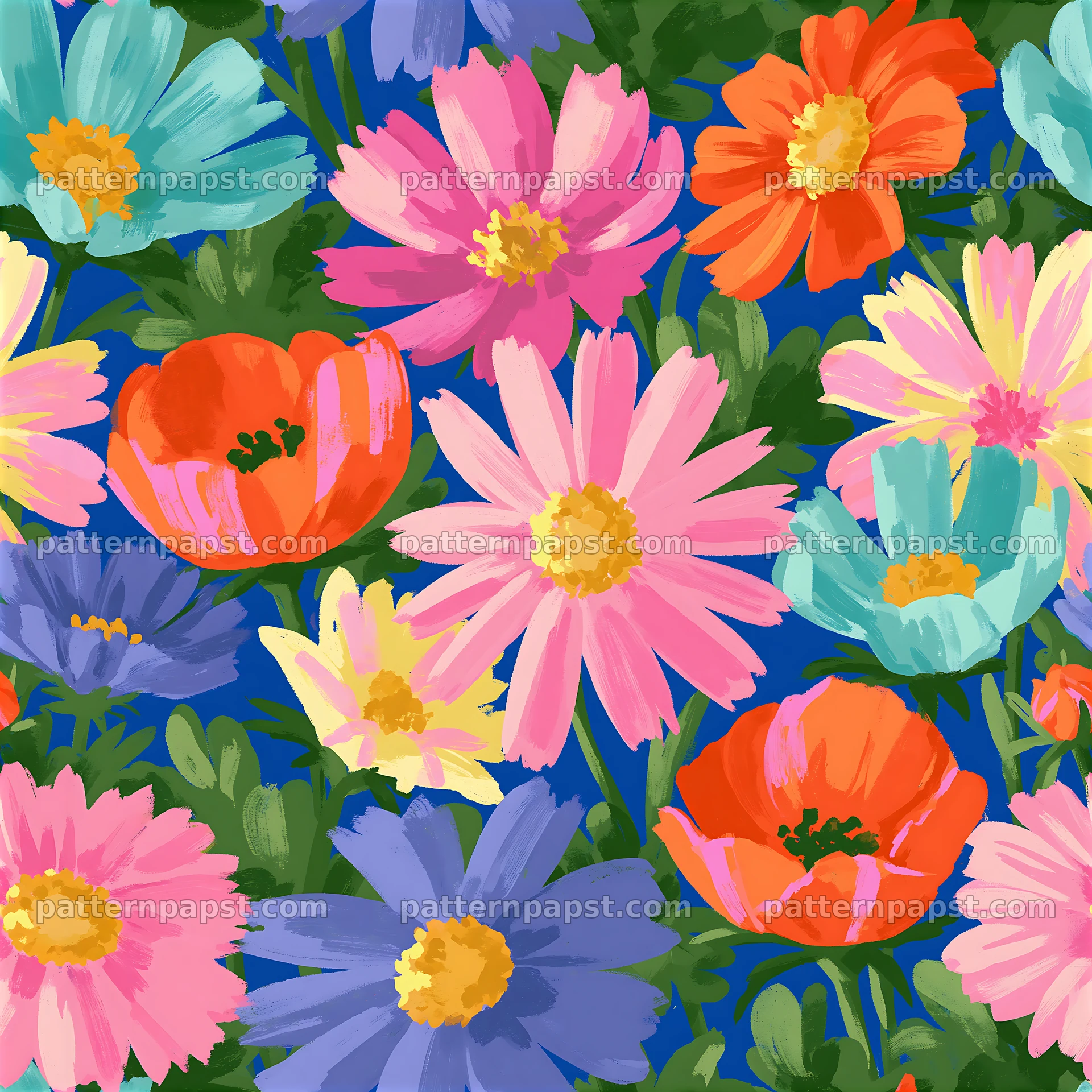 Colorful wildflower seamless pattern with various blooms on blue background — seamless tileable pattern