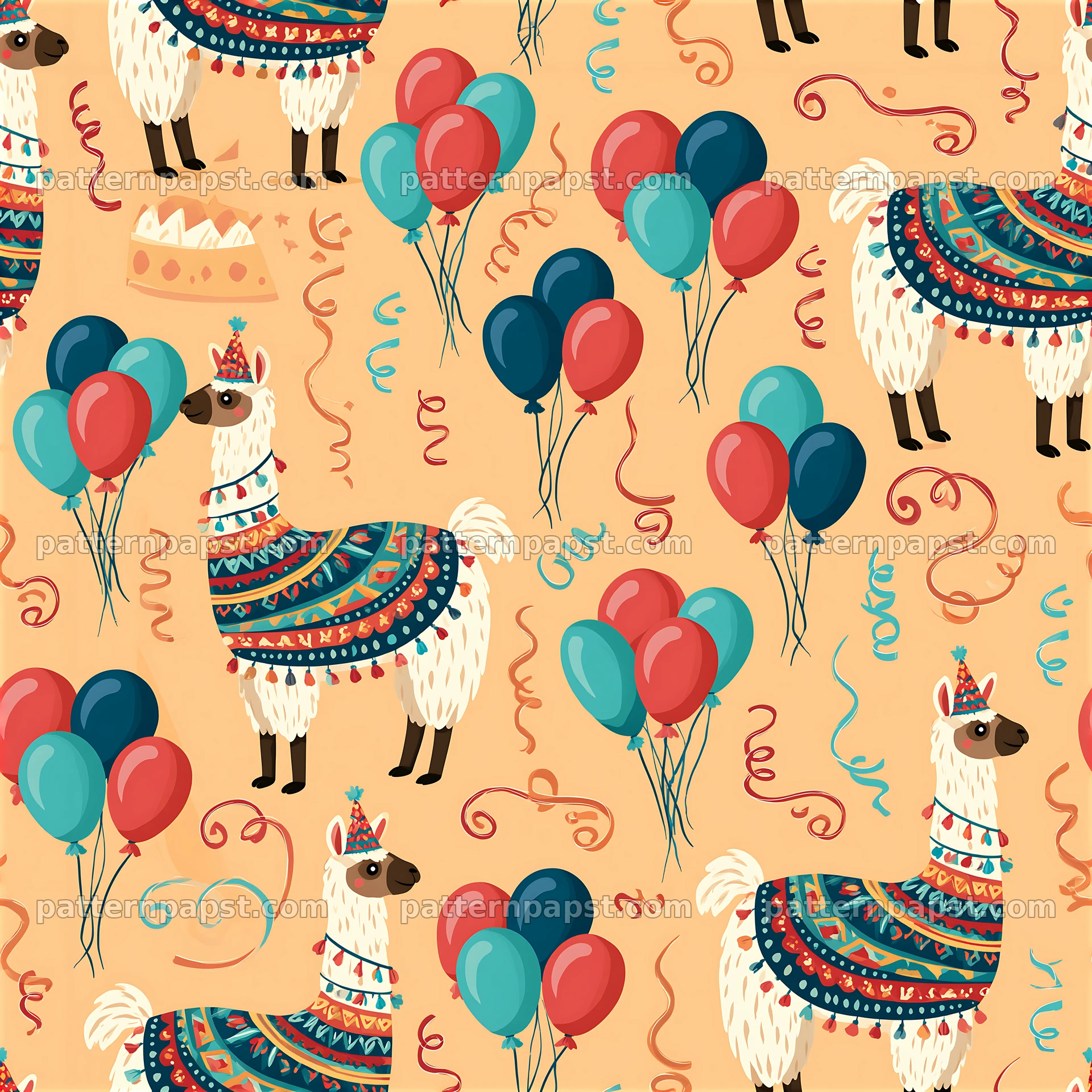 Birthday llamas wearing party hats with balloons and streamers pattern — seamless tileable pattern
