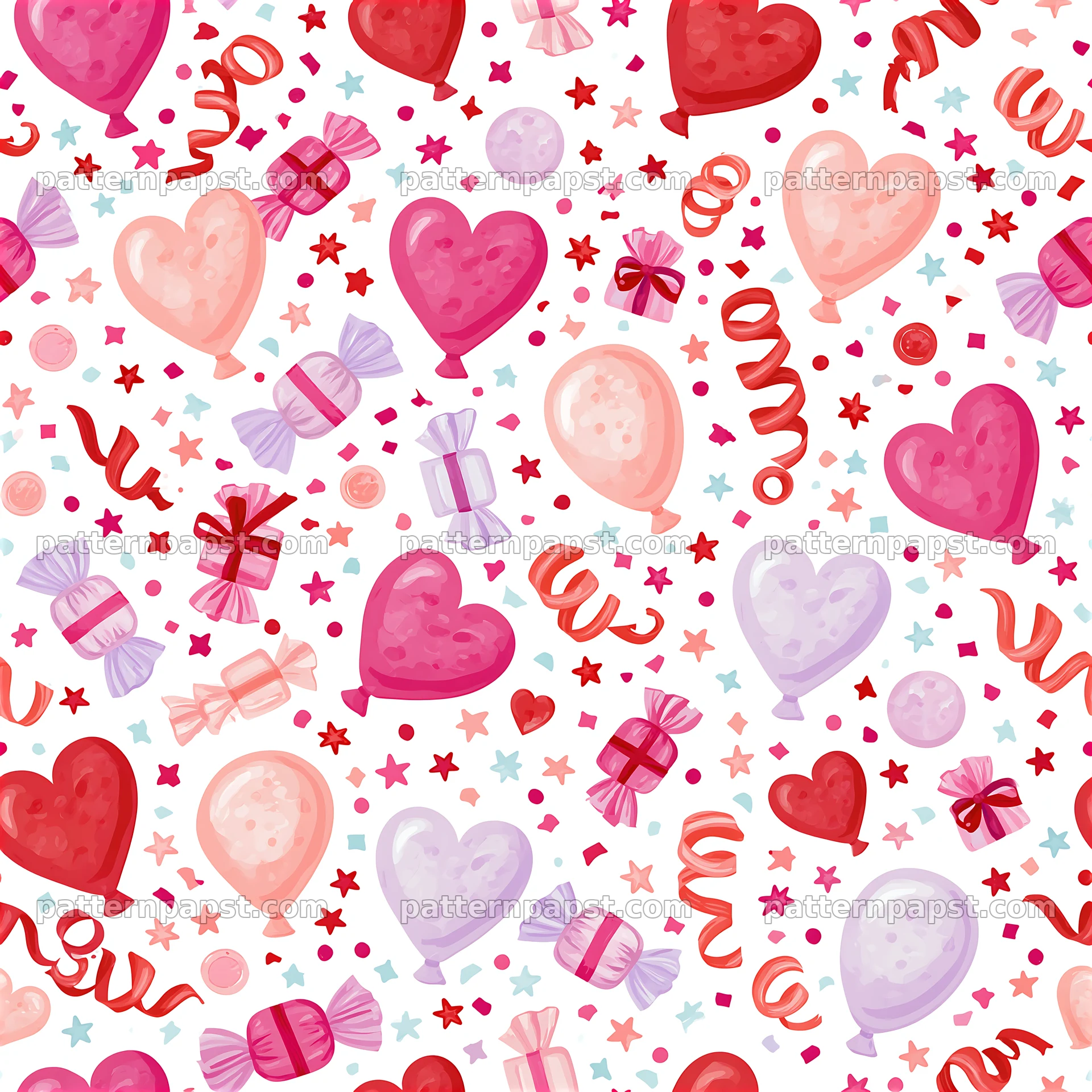 Valentine scrapbook repeat pattern with hearts, balloons and candy — seamless tileable pattern