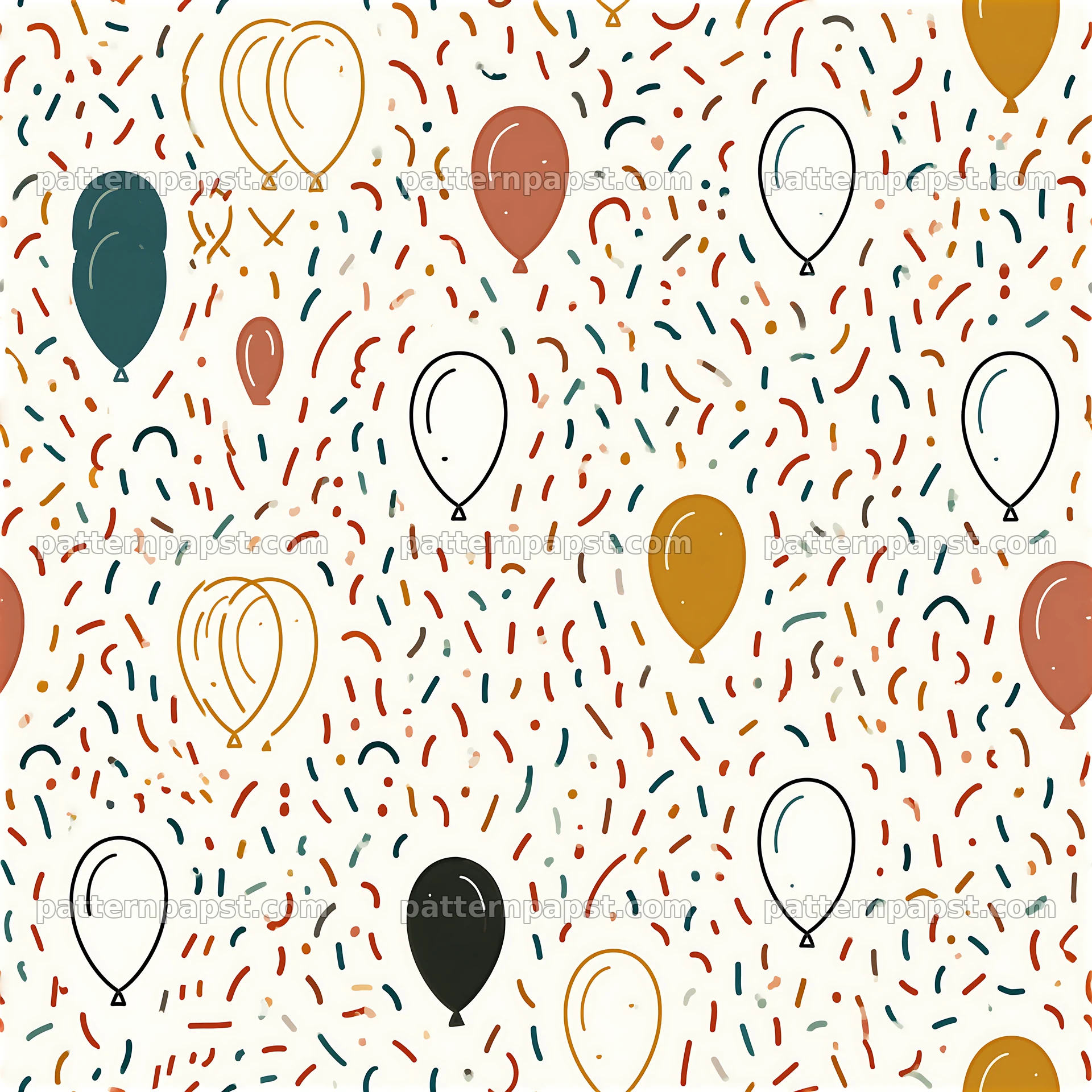 Seamless pattern of balloons and dense confetti in bright colors — seamless tileable pattern