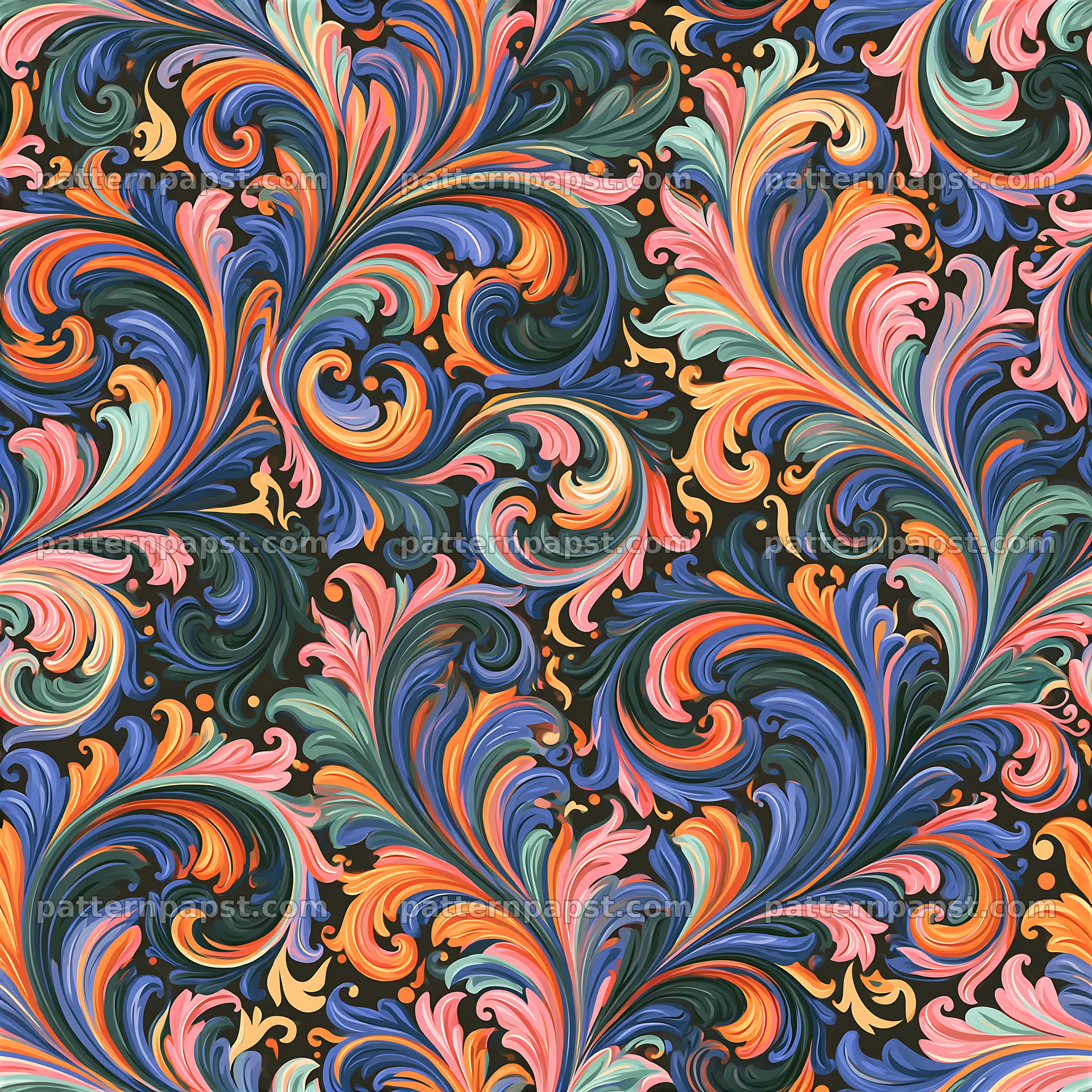 Colorful damask seamless pattern with swirling and flowing shapes — seamless tileable pattern
