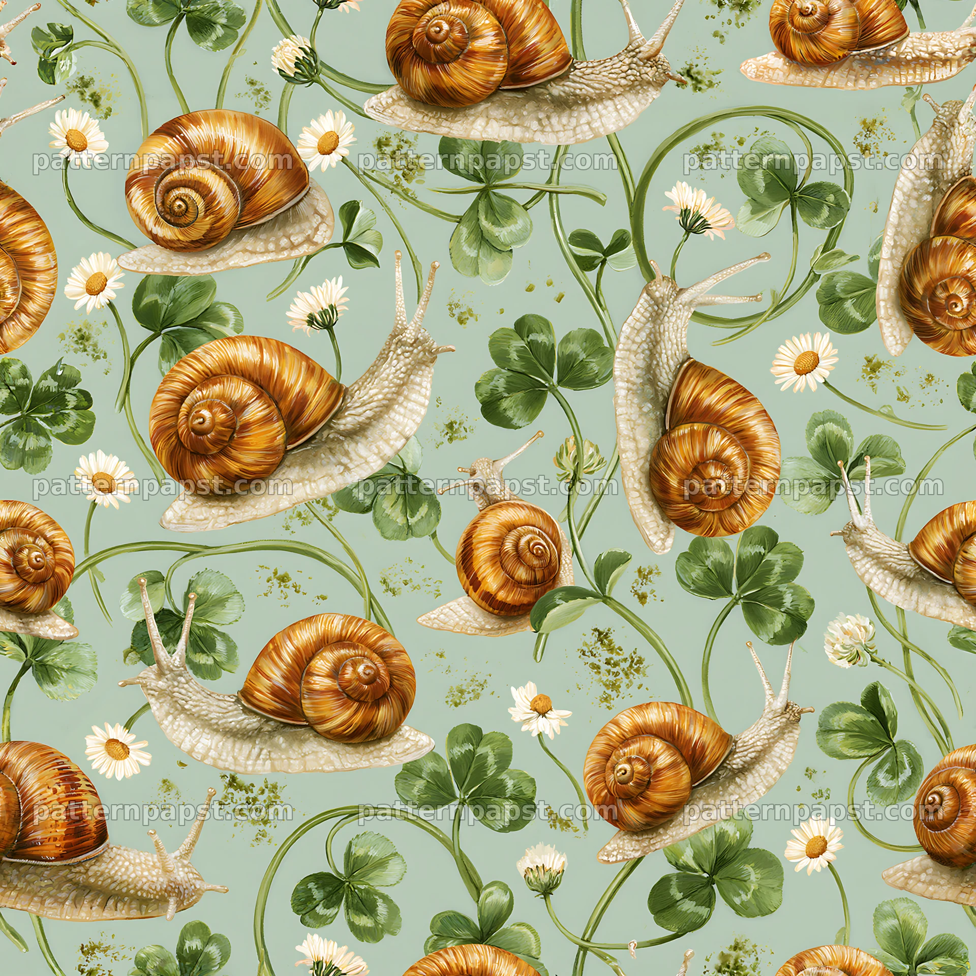 Seamless pattern with realistic garden snails and greenery — seamless tileable pattern