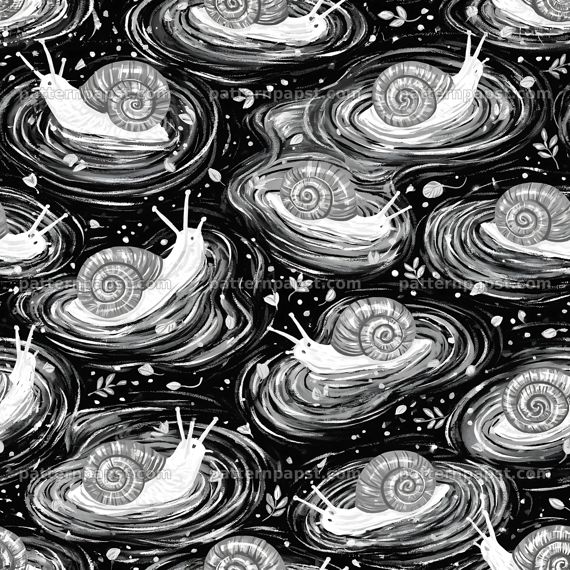 Repeating pattern of hand-drawn snails in black and white — seamless tileable pattern