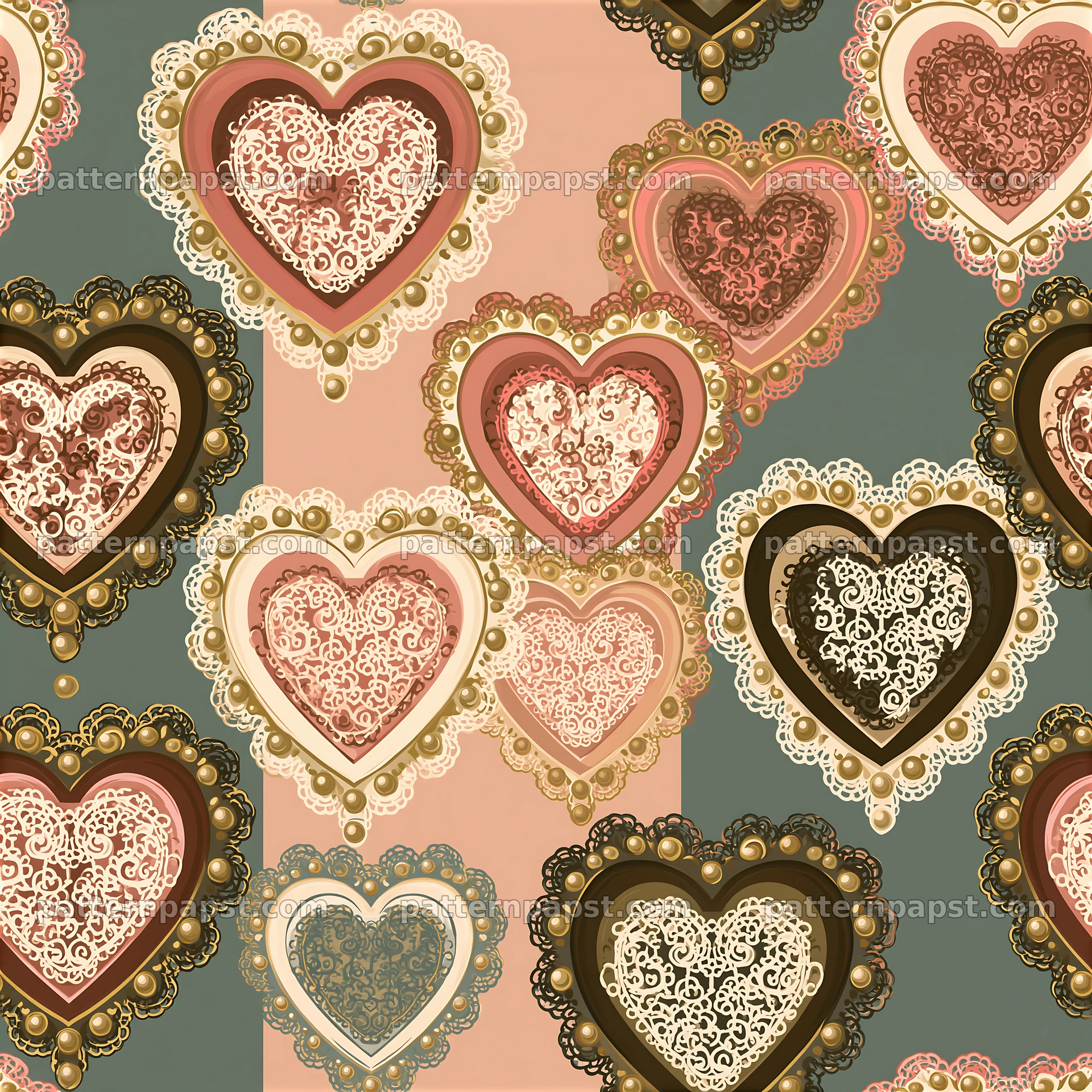 Seamless vintage heart pattern with intricate designs and colors — seamless tileable pattern