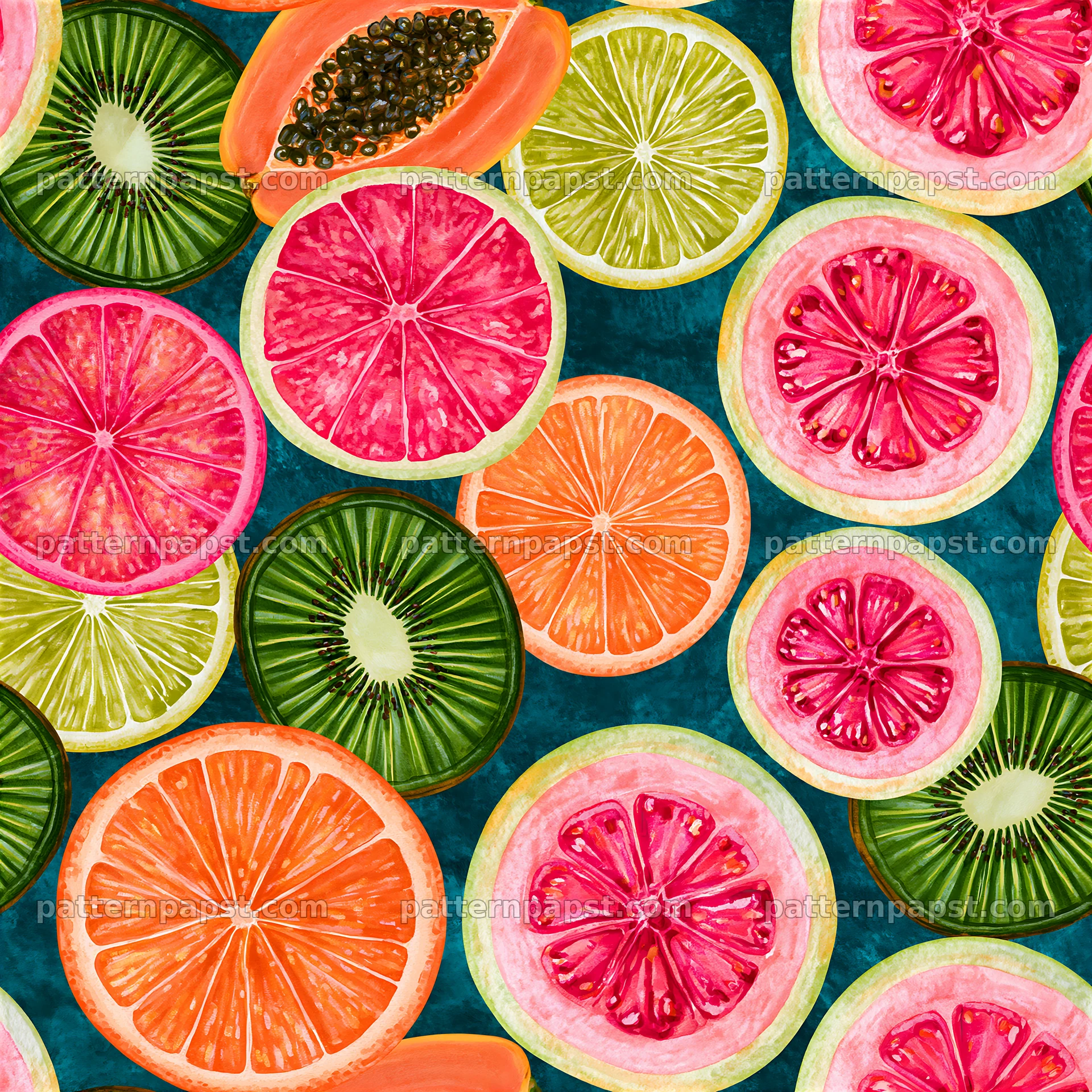 Vibrant tropical fruits seamless pattern with colorful citrus slices — seamless tileable pattern