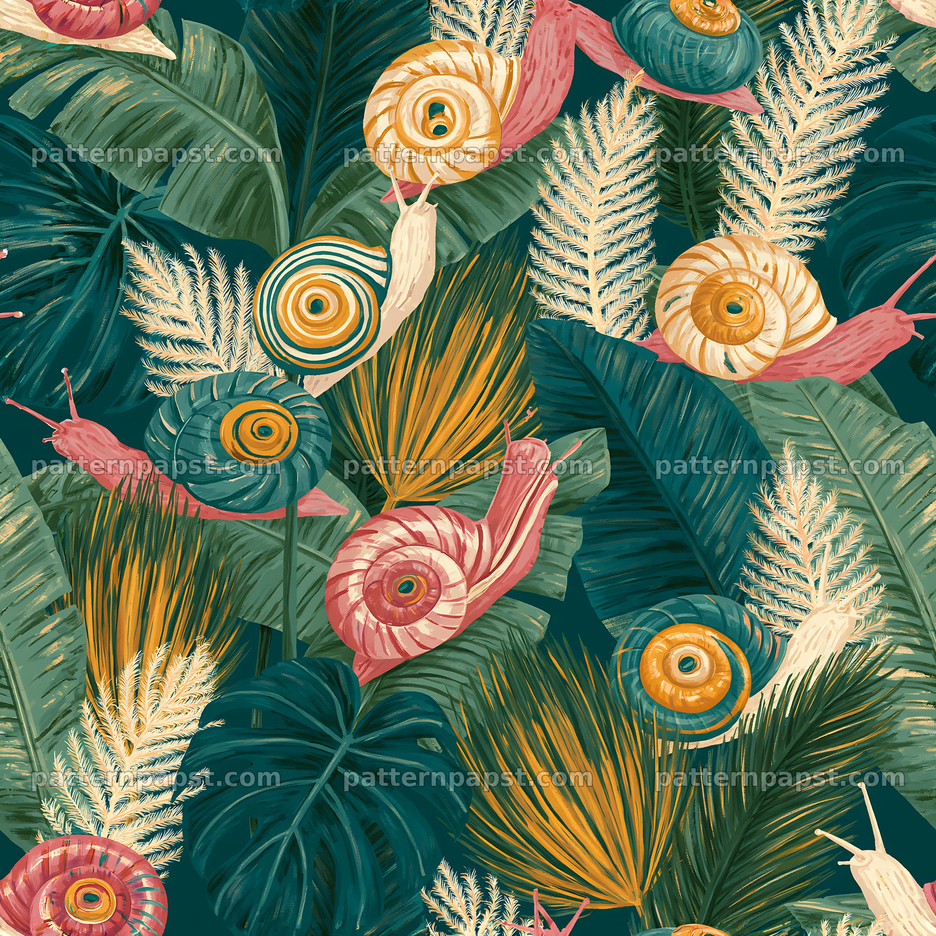 Whimsical snails and foliage repeat pattern for fabric and wallpaper — seamless tileable pattern