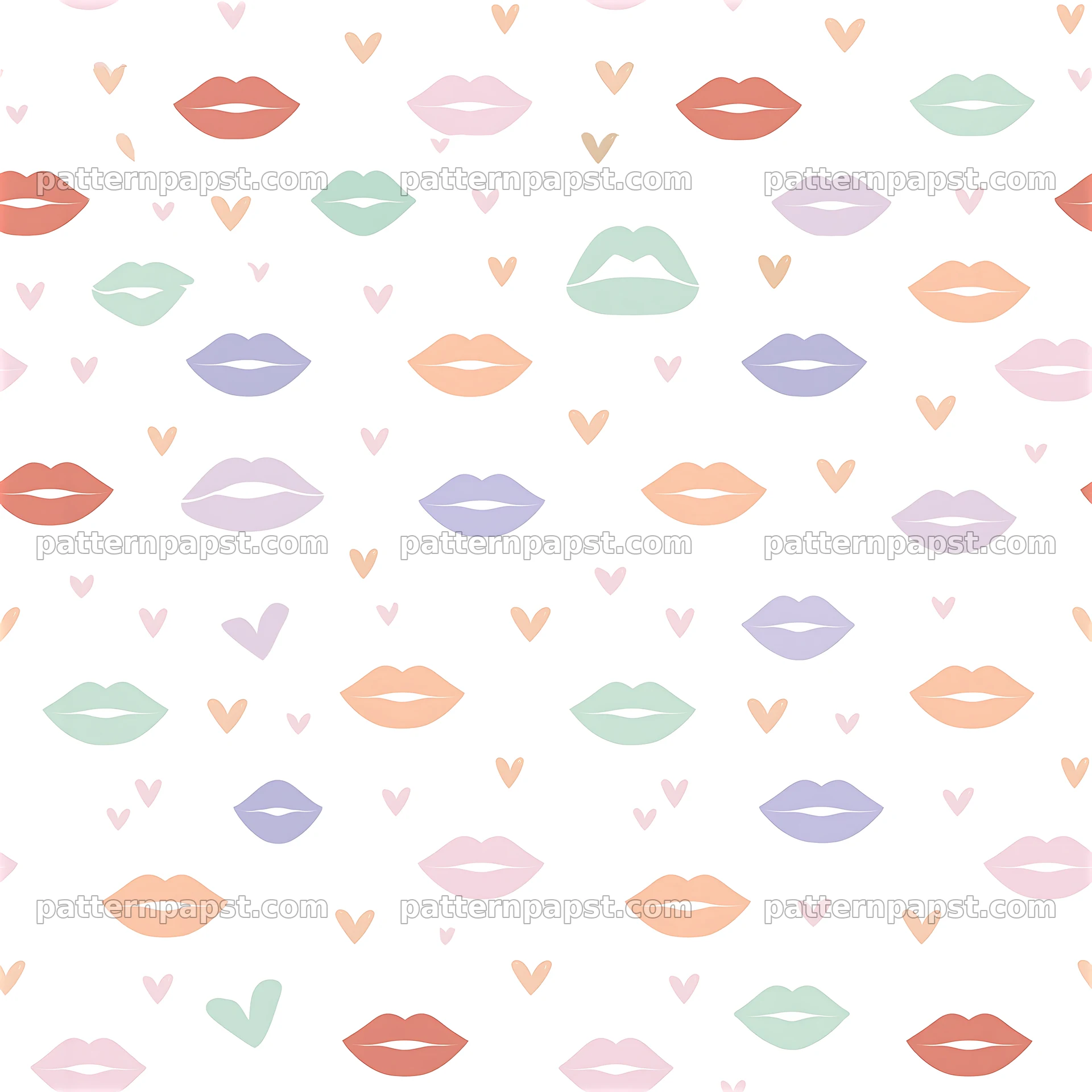 Repeating pattern with assorted lip shapes and hearts in soft colors — seamless tileable pattern