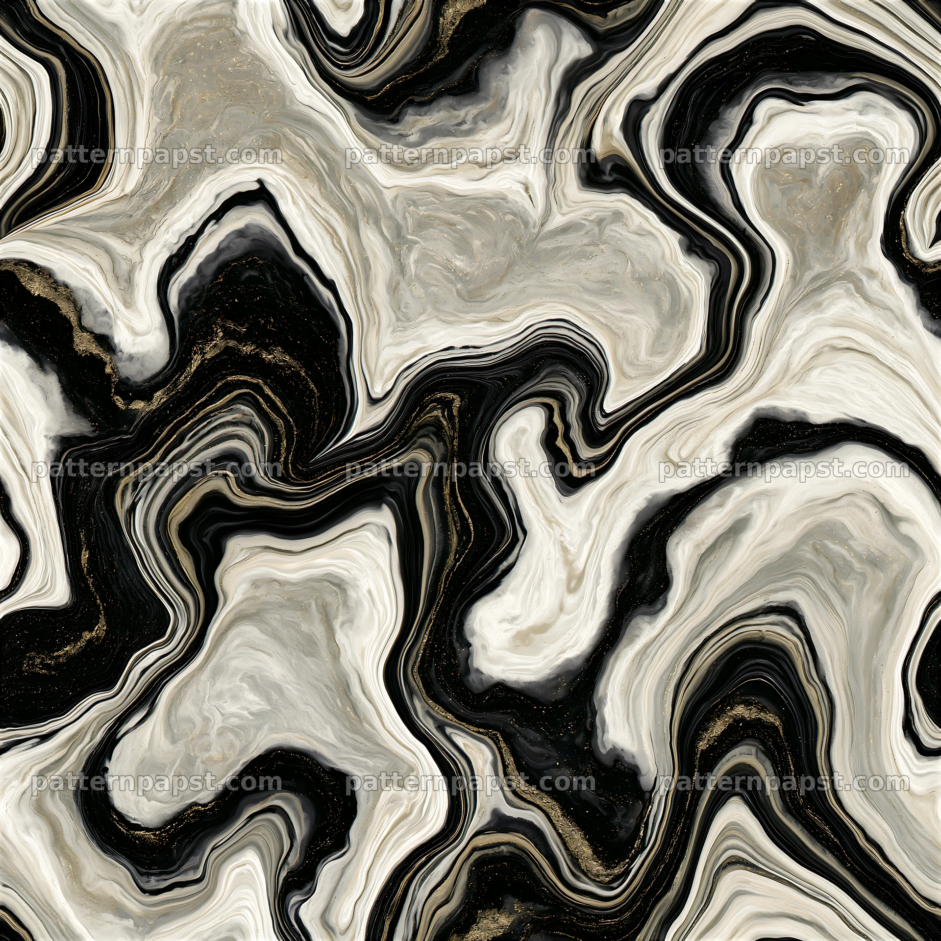 Hand-painted marble tileable pattern with swirls and waves in black and white — seamless tileable pattern