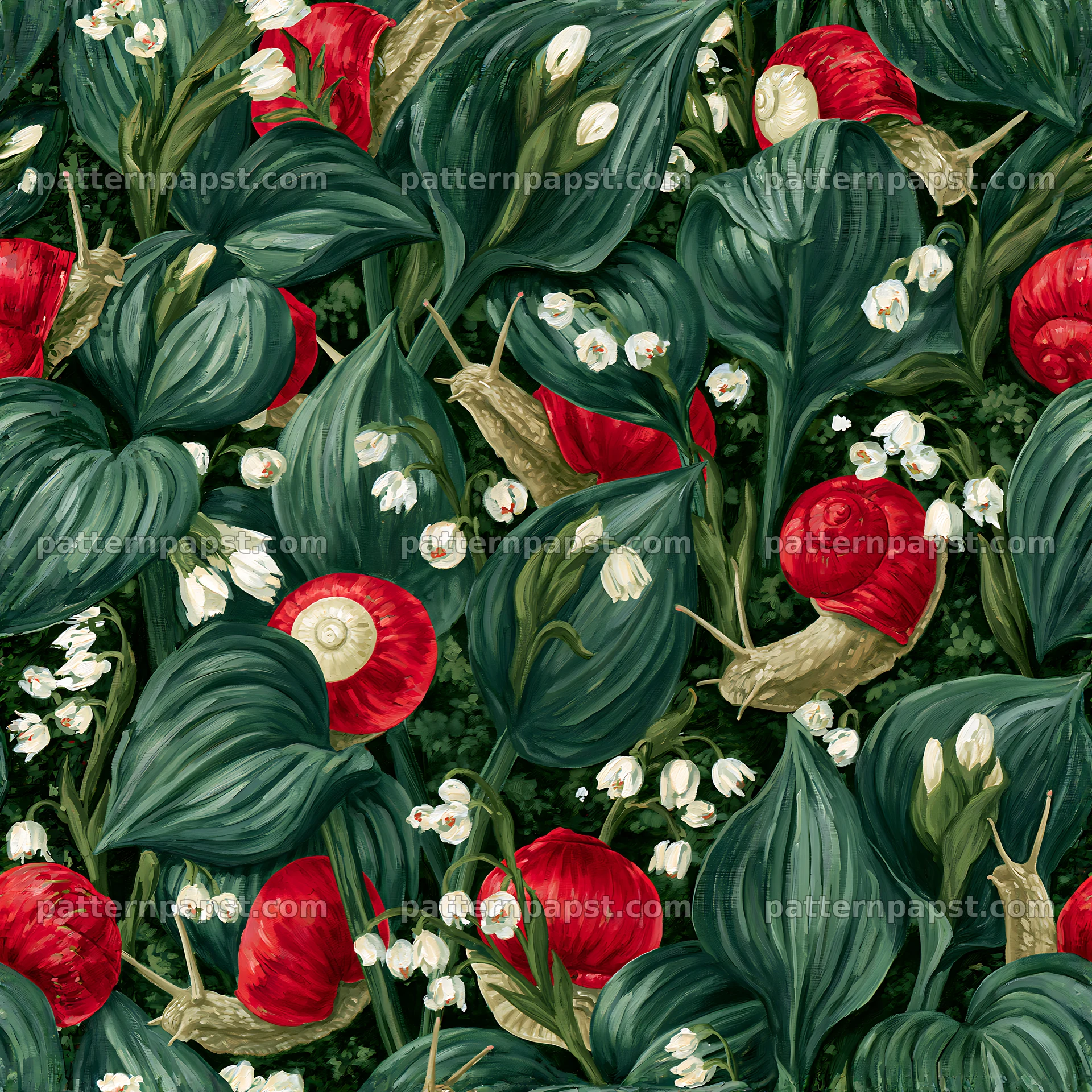 Red garden snail repeat pattern for fabric and wallpaper — seamless tileable pattern