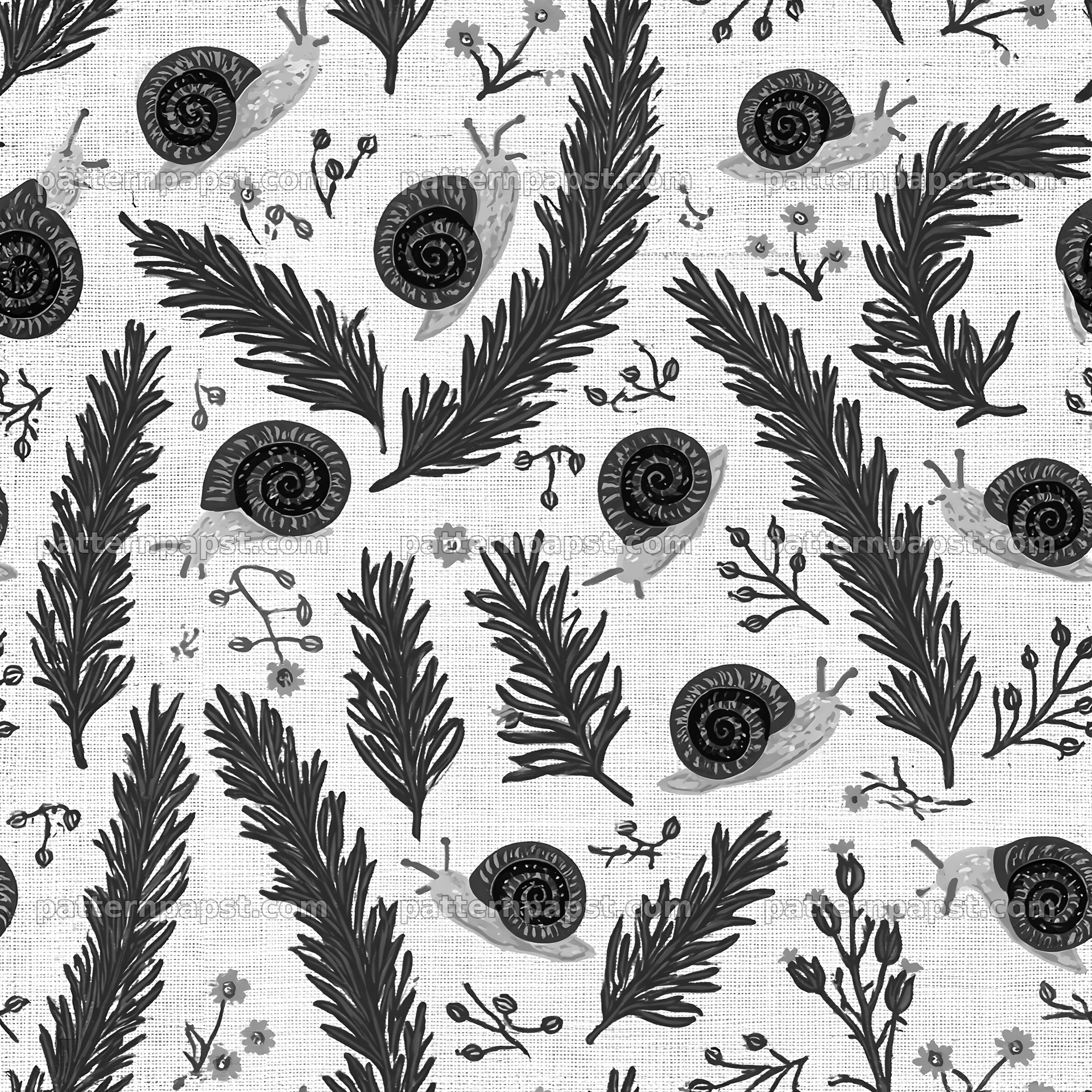 Red snail botanical repeat pattern for fabric and wallpaper — seamless tileable pattern