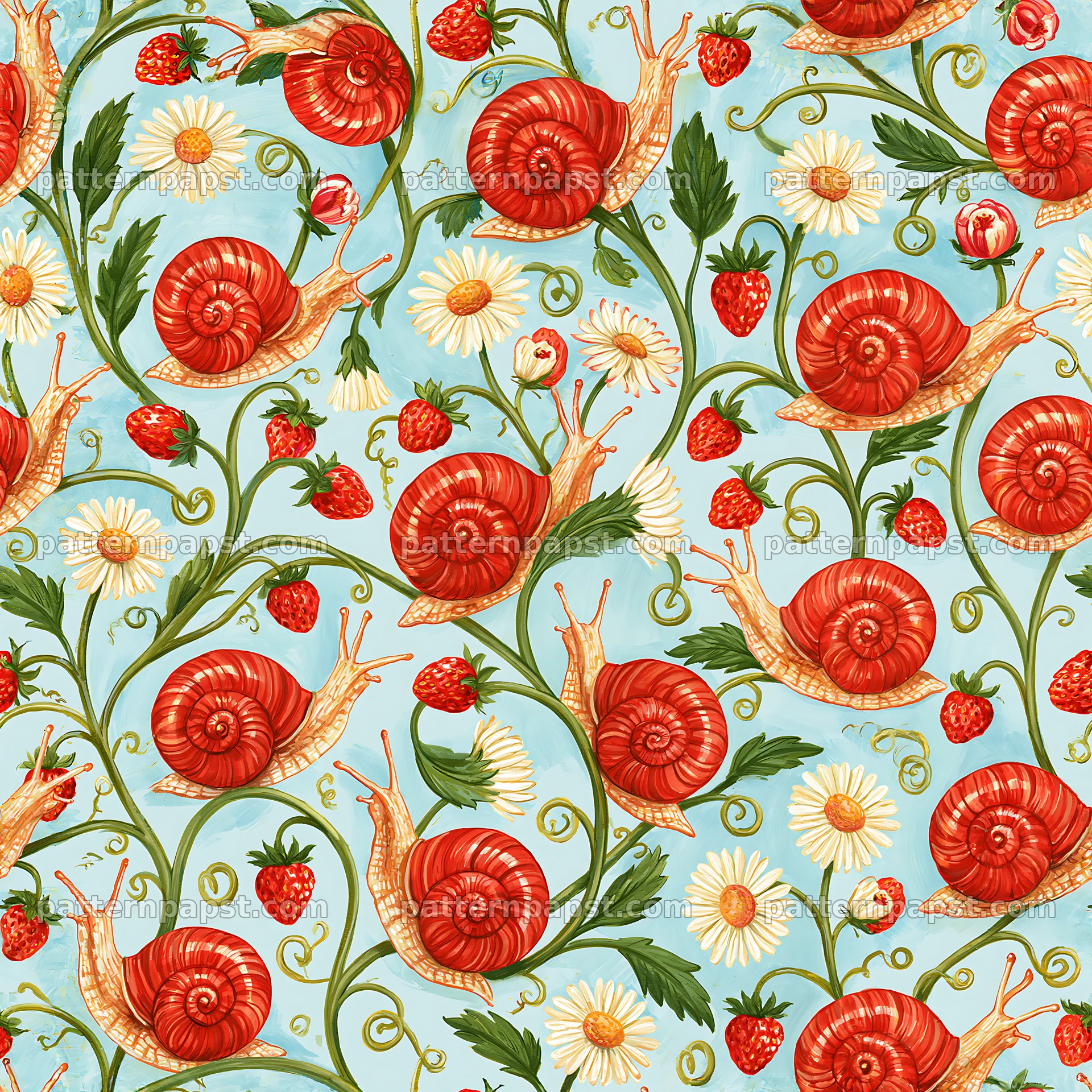 Red shell snail tileable pattern for fabric and wallpaper — seamless tileable pattern