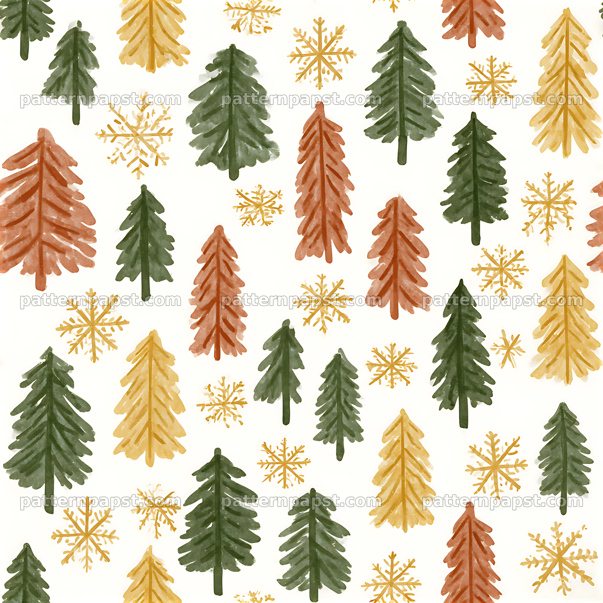 Seamless Christmas tree and snowflake pattern with green and orange trees — seamless tileable pattern