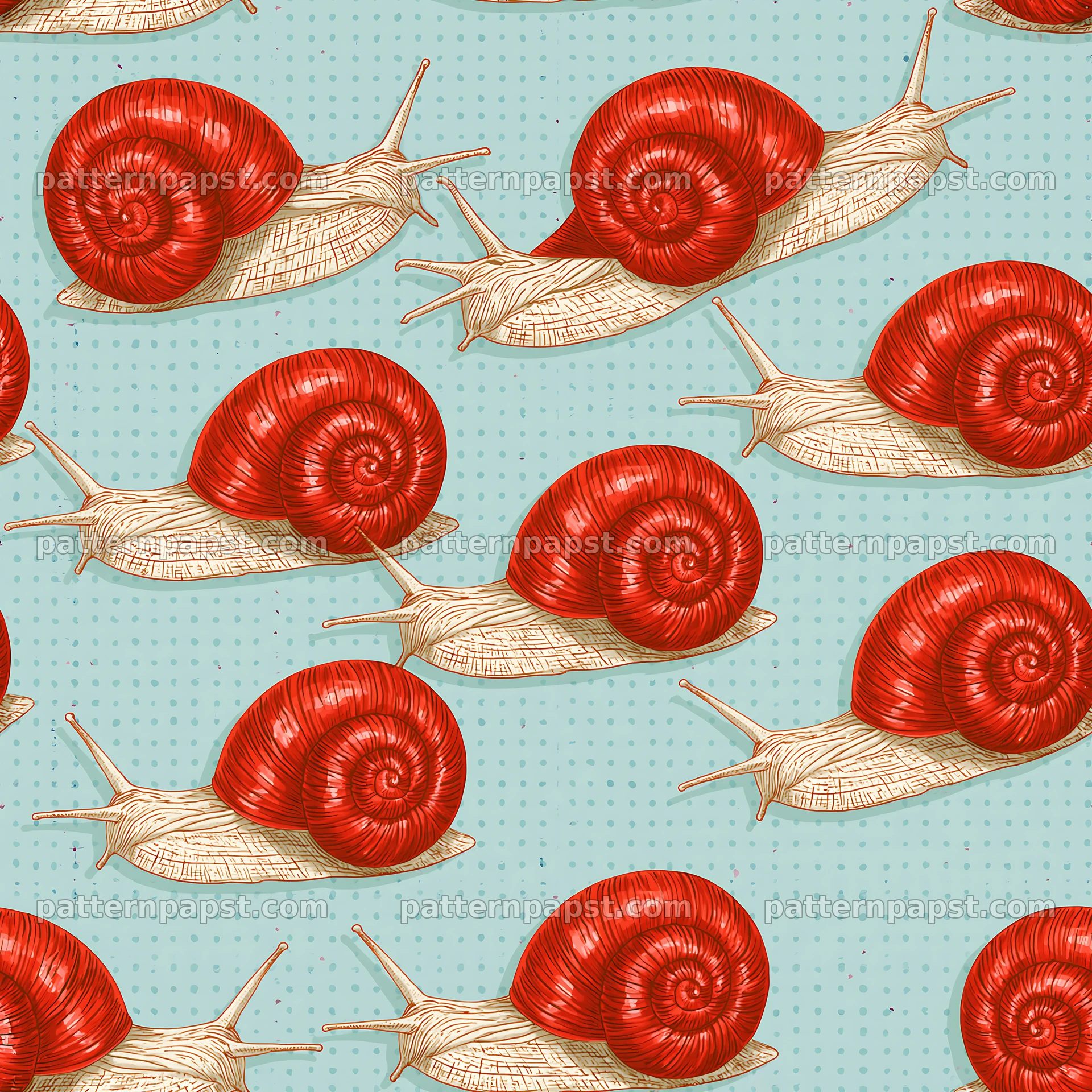 Tileable pattern of a red-shelled snail on a light background — seamless tileable pattern