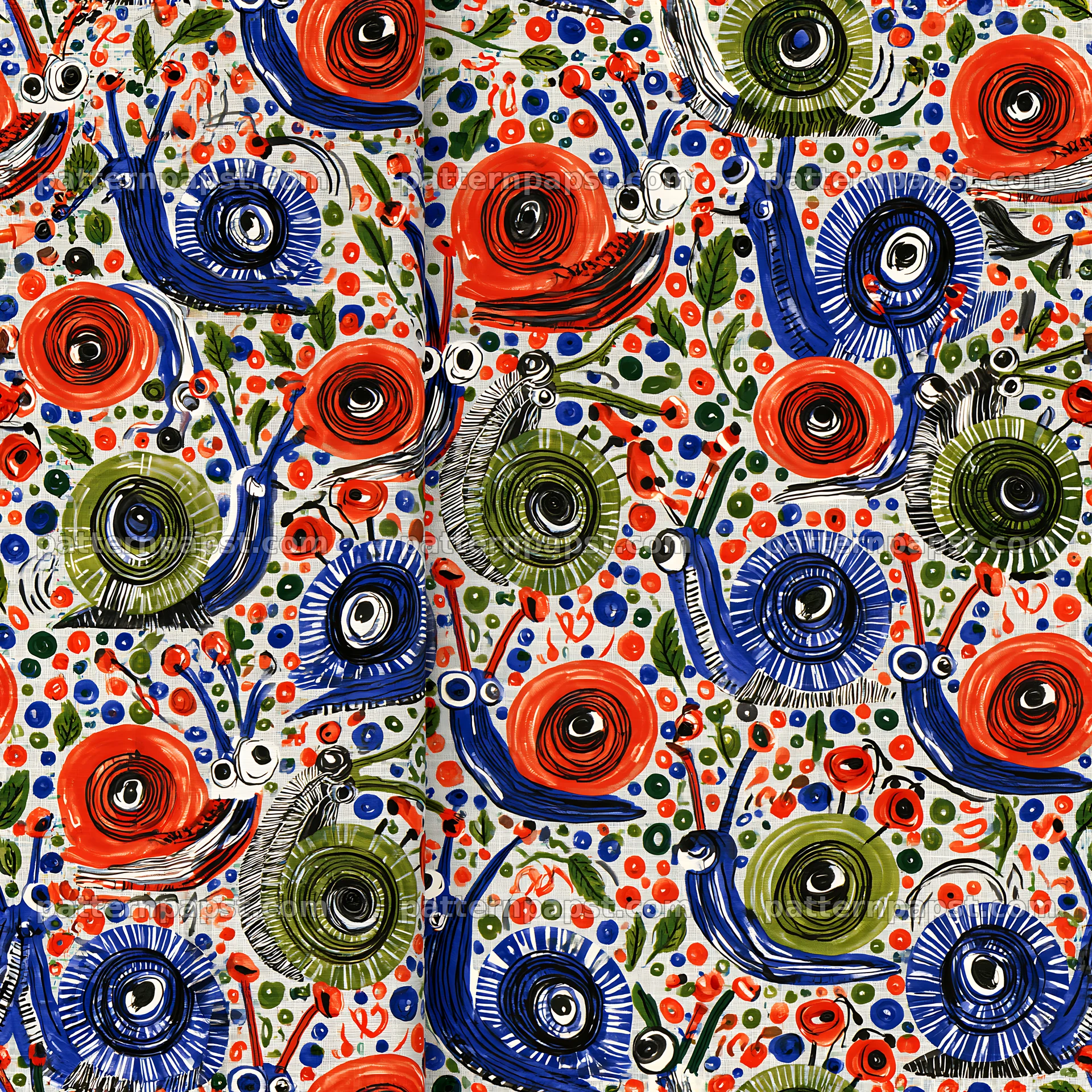 Repeating pattern of hand-drawn snails with flowers and dots — seamless tileable pattern