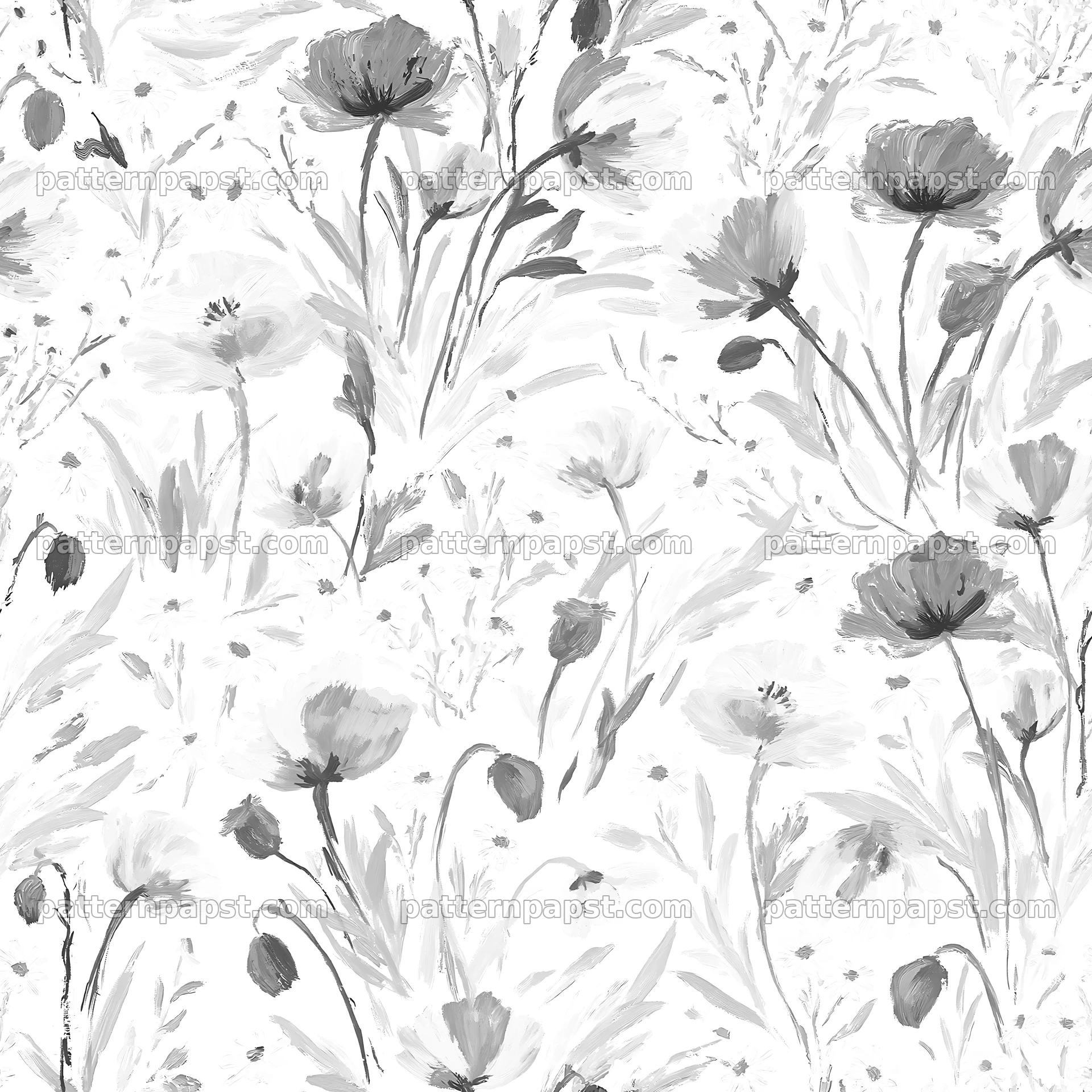 Repeat wildflower brushstroke pattern in black and white — seamless tileable pattern