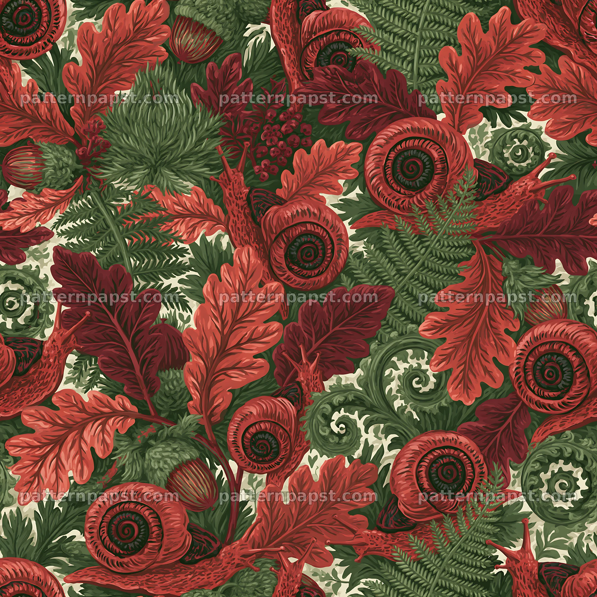 Red snail and foliage repeat pattern for textiles — seamless tileable pattern