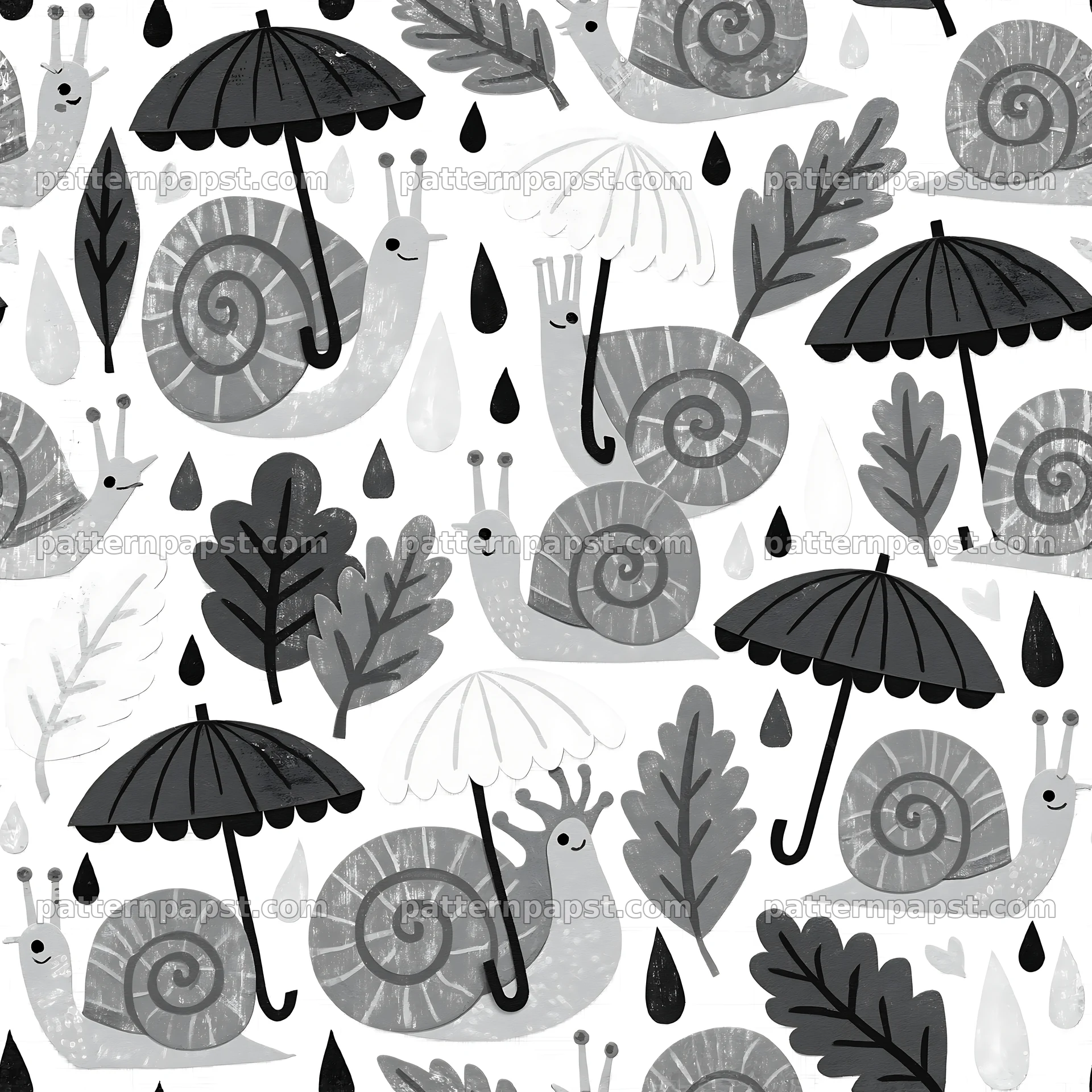 Red snail rainy day seamless pattern with umbrellas and leaves — seamless tileable pattern
